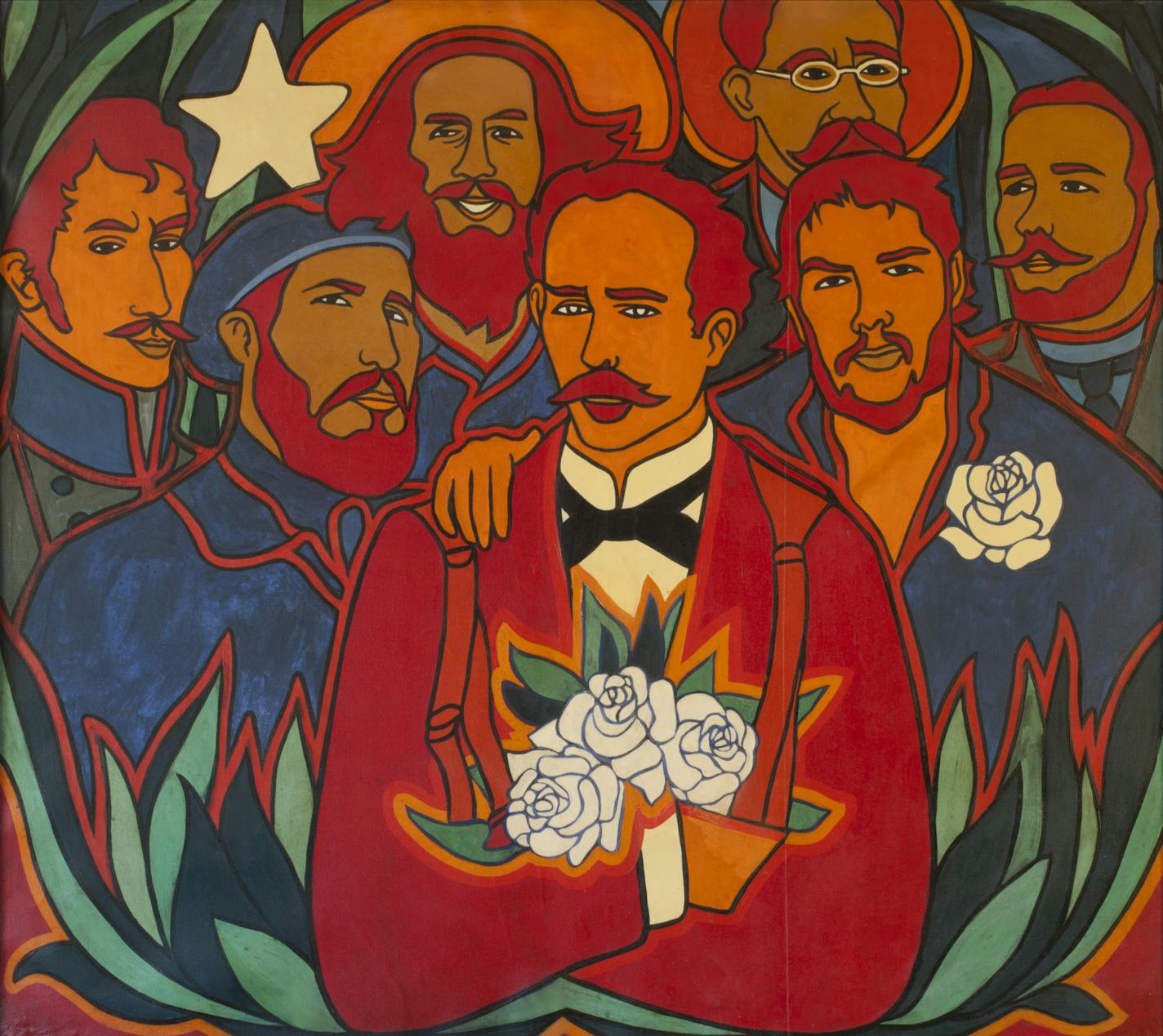 "Rosas y Estrellas" ("Roses and Stars") by Raúl Martínez depicts 19th-century Cuban revolutionary José Martí (center) flanked by Fidel Castro and Che Guevara, with Latin American freedom fighters including Simón Bolívar behind them.