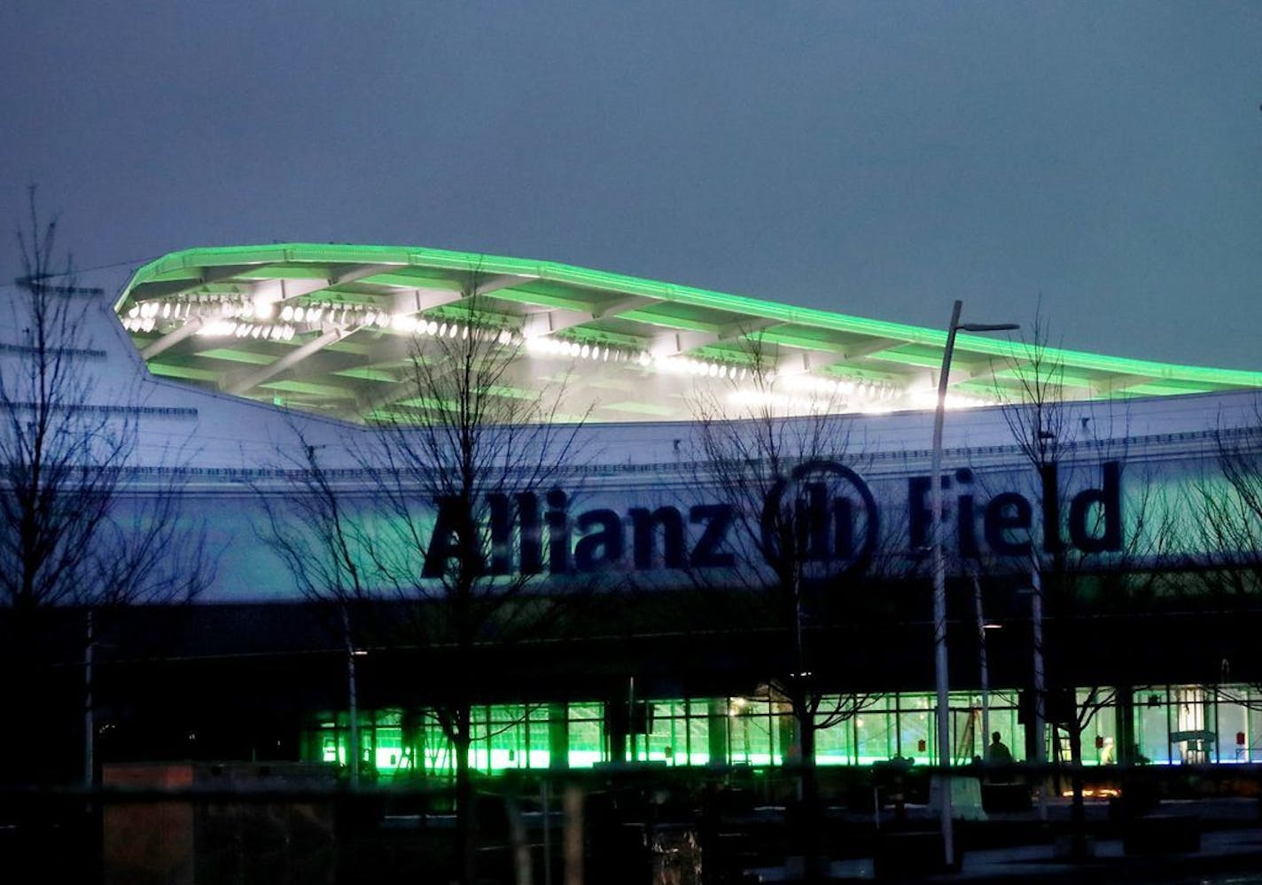 Light testing on new Allianz Field early Thursday morning, Dec. 20, 2018, in St. Paul.