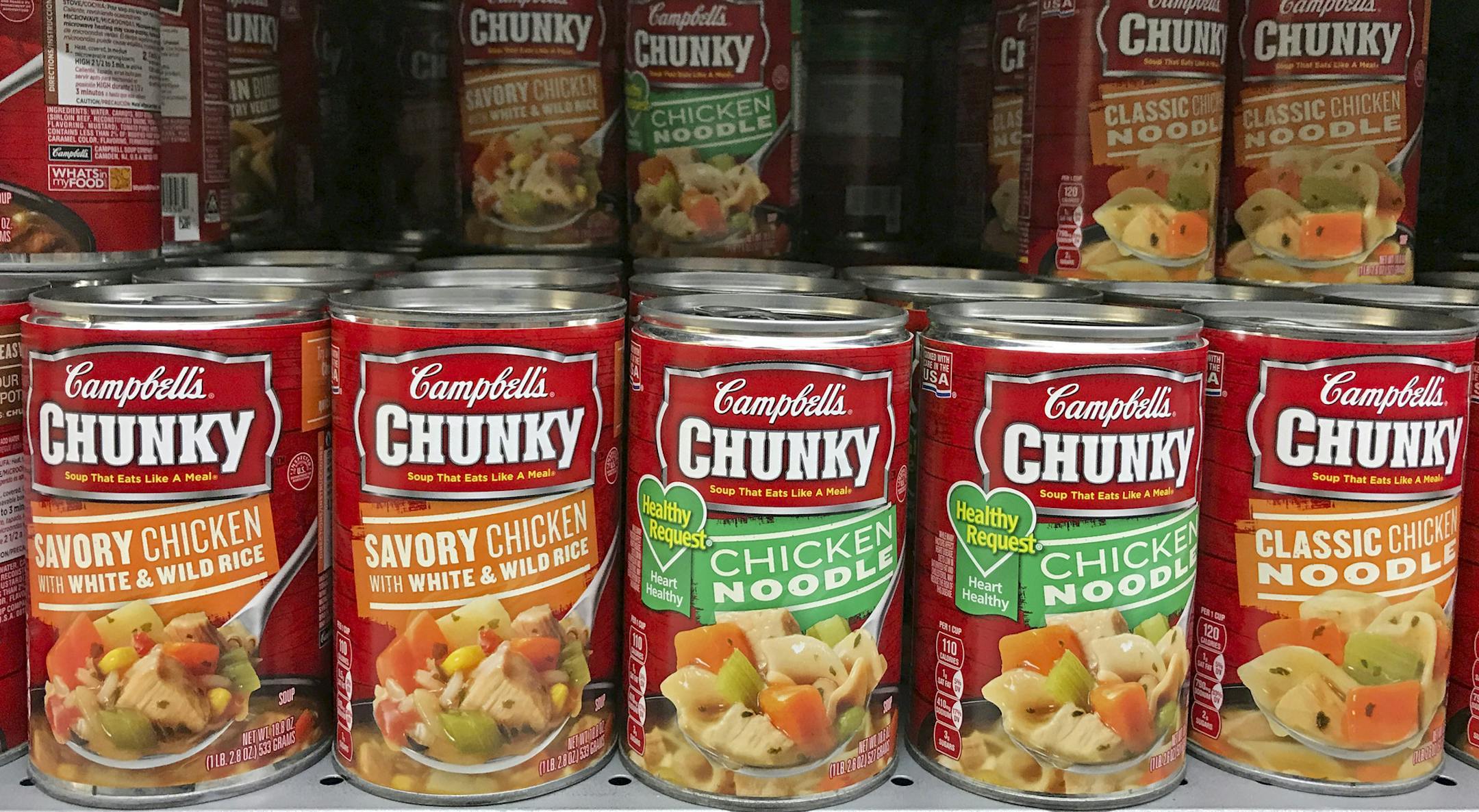 In this Tuesday, May 23, 2017, photo, Campbell's Chunky soups are on display at a local supermarket in Miami. Campbell Soup Co. reports earnings Tuesday, Nov. 21, 2017. (AP Photo/Alan Diaz)