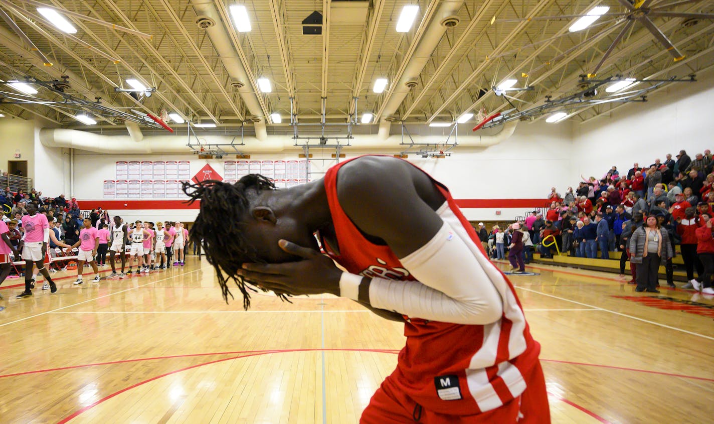 Agwa Nywesh was overcome with emotion after making a last-second basket to win Monday night's game against Mayo. He scored 30 points while wearing Kobe Bryant's No. 24, the day after Bryant was killed with his daughter and seven others in a helicopter crash. ] Aaron Lavinsky &#x2022; aaron.lavinsky@startribune.com Photos to accompany a feature on the ethnic diversification of Austin Minn., as seen through the Austin High School boys basketball and soccer programs, photographed Monday, Jan. 27, 2