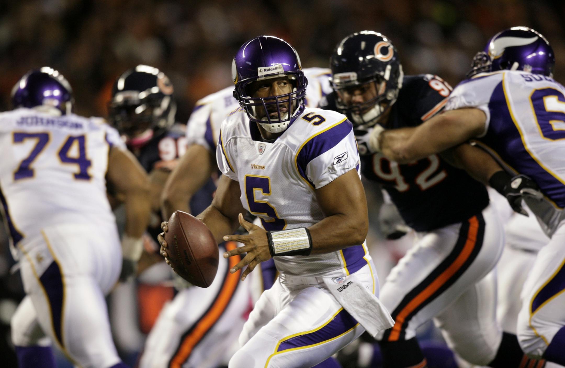 Vikings quarterback Donovan McNabb dropped back from the 7-yard line and tackle Stephen Paea brought him down in the end zone for a safety in the first quarter at Soldier Field.
