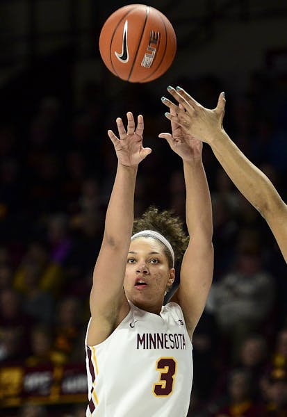 Minnesota guard/forward Destiny Pitts (3) hit a 3-pointer while being defended by Wisconsin forward Imani Lewis (34) during the second quarter of an N
