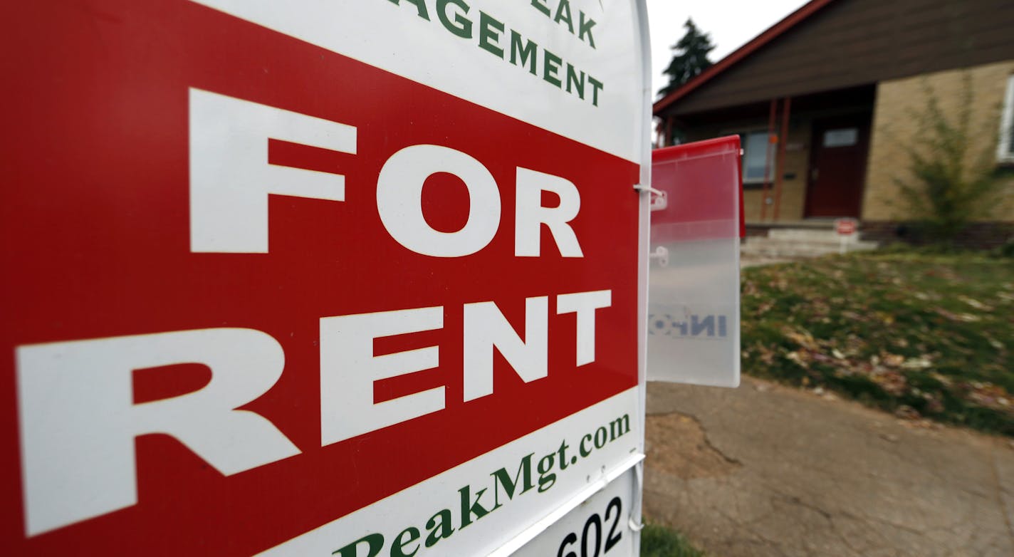 FILE- In this Nov. 20, 2015, file photo, a rental sign is seen outside a property in Denver. The majority of U.S. renters are now older than 40, a fundamental shift over the past decade that reflects the lasting damage of the housing crash and an aging population, a study said Wednesday, Dec. 9. (AP Photo/David Zalubowski, File)