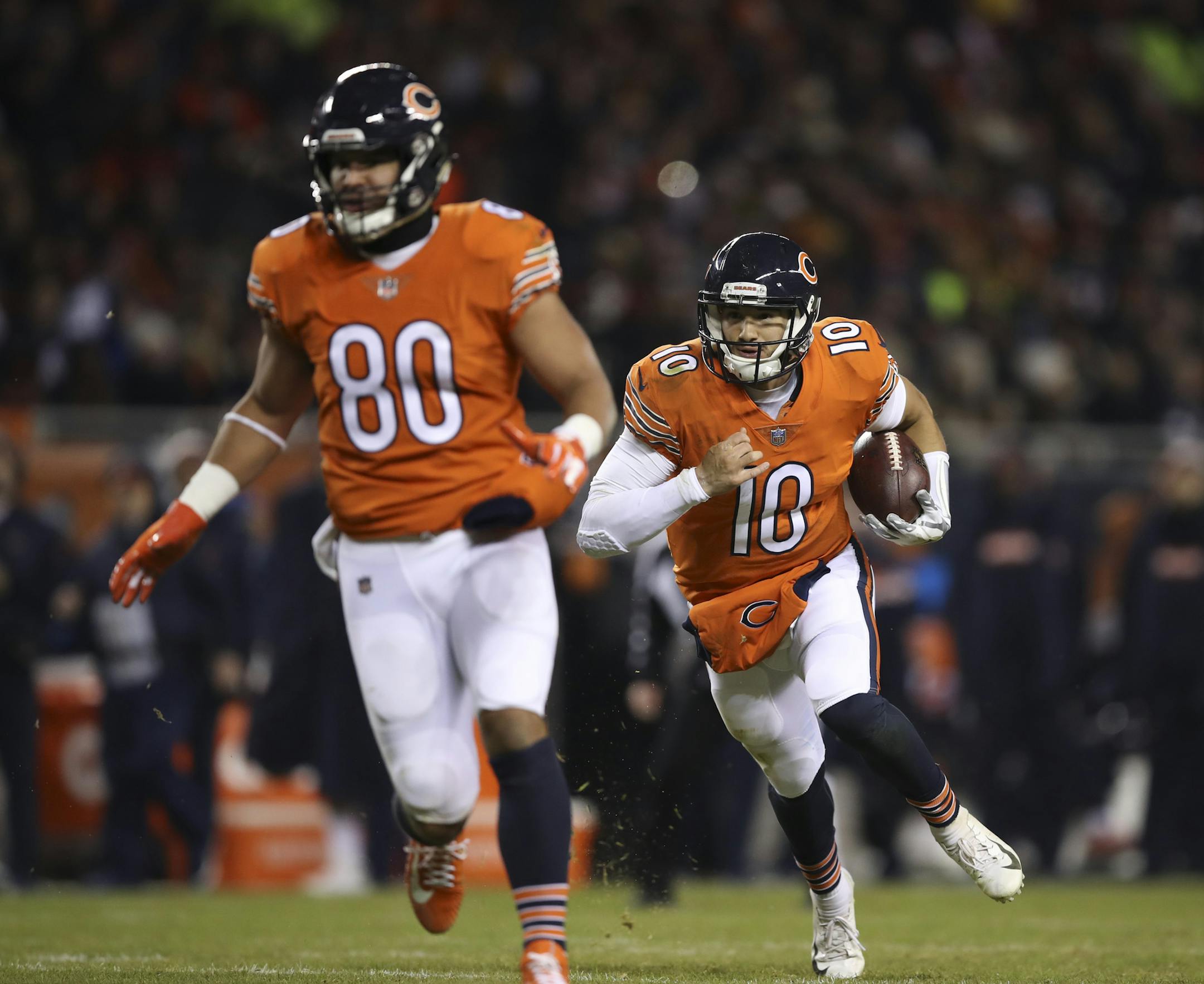 Bears quarterback Mitchell Trubisky (10) set up a second quarter touchdown with on a keeper. ] JEFF WHEELER ï jeff.wheeler@startribune.com The Minnesota Vikings faced the Chicago Bears in a Sunday Night Football game on November 18, 2018 at Soldier Field in Chicago.