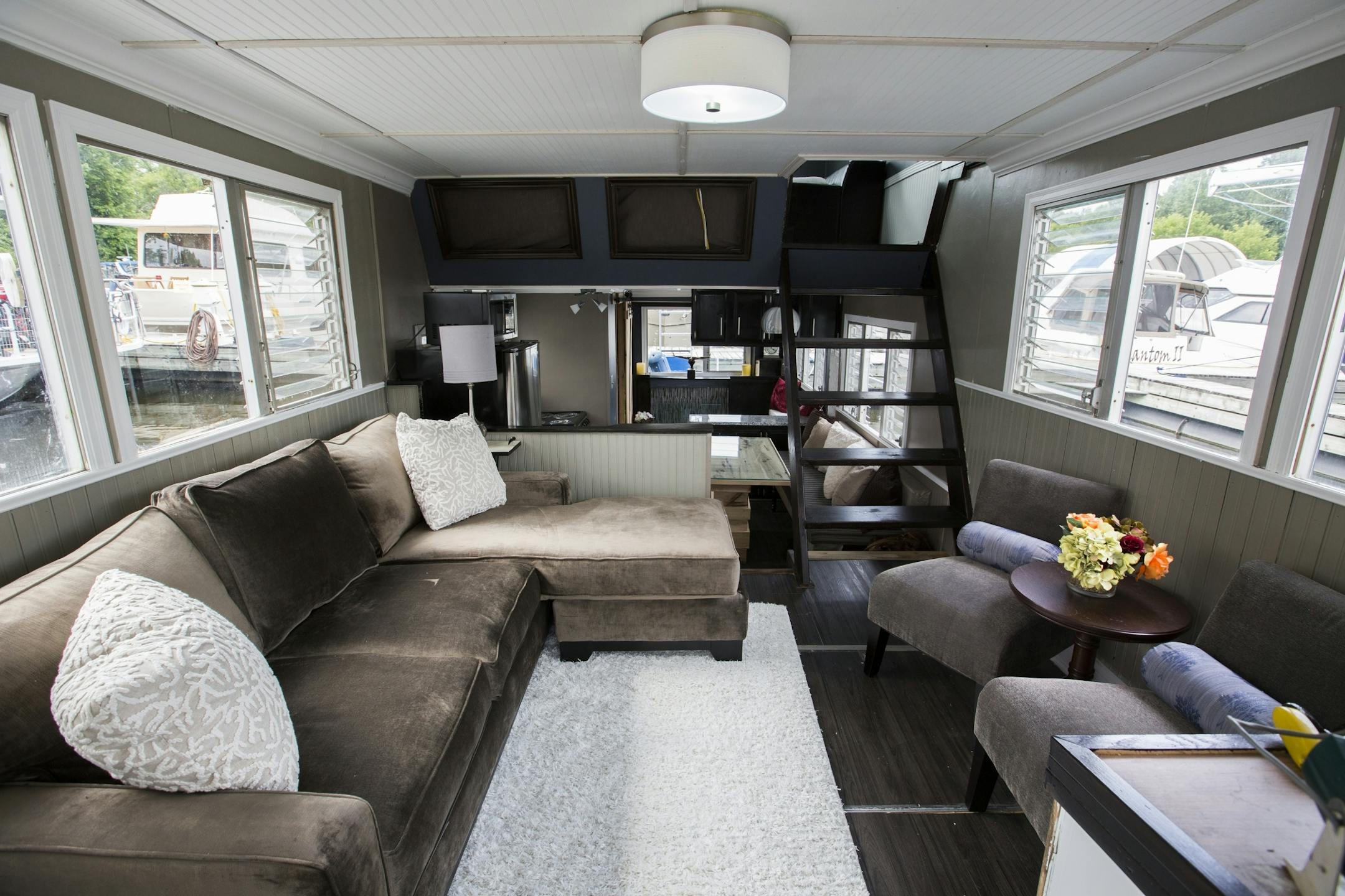 The main living area of the houseboat. The main living area.