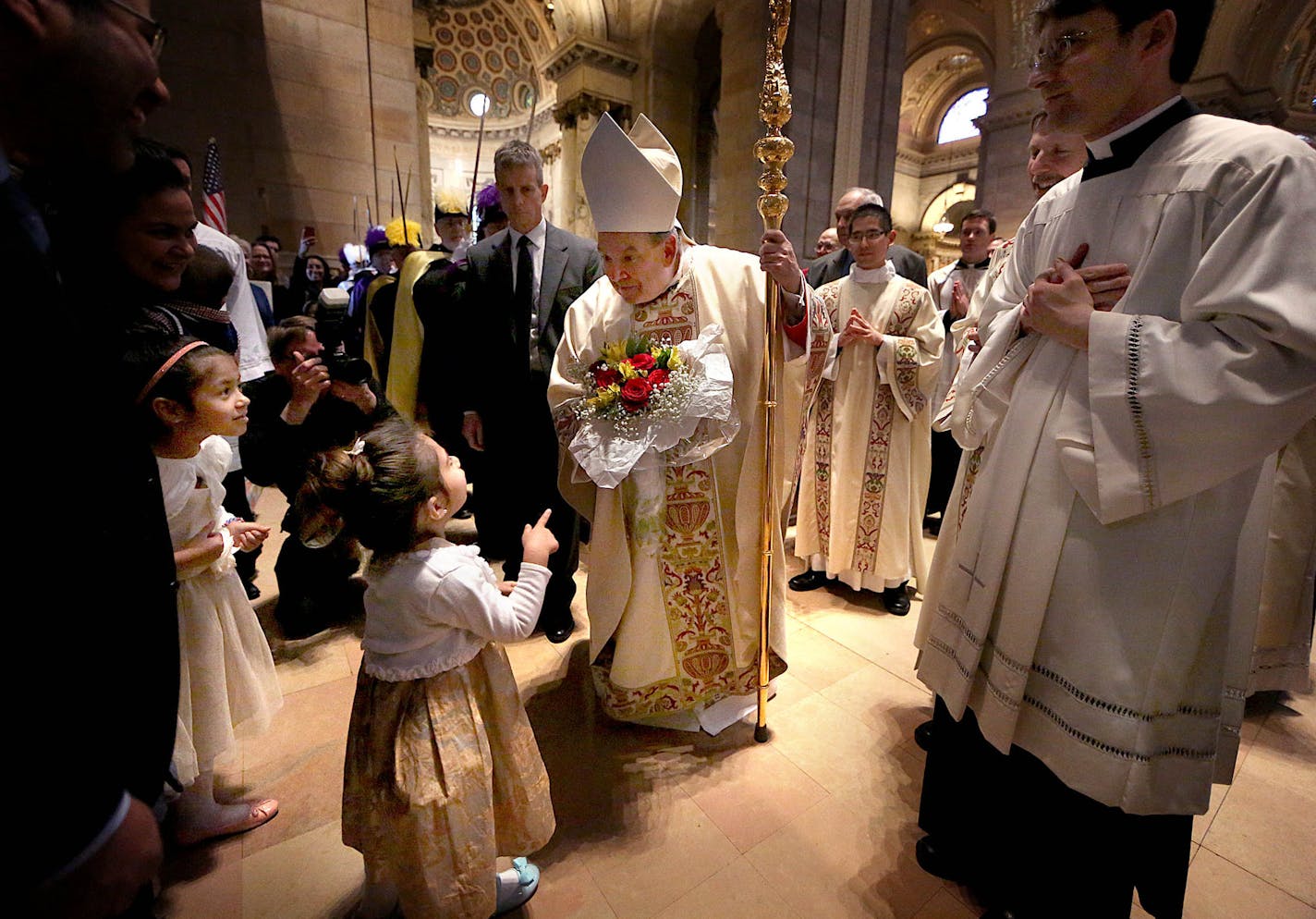 Archbishop Bernard Hebda was greeted by faithful, including several children, at the conclusion of a Mass of Installation at the Cathedral of St. Paul. ] JIM GEHRZ &#xef; james.gehrz@startribune.com / St. Paul, MN / May 13, 2016 /2:00 PM &#xf1; BACKGROUND INFORMATION: Archbishop Bernard Hebda is installed as archbishop of St. Paul and Minneapolis. Historic ceremony at St. Paul Cathedral at 2. Processional starts at 1:45pm so be there by 1:15pm to check in with Halden or another media person. 1:4