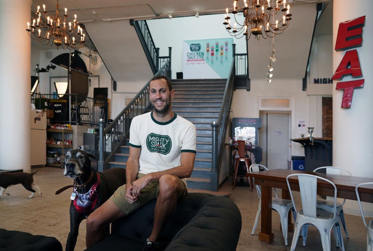 Minneapolis-based Mighty Spark is one modern meat company trying to stand out in a crowded field of competitors. Here, Mighty Spark founder, Nick Beste in his dog friendly office near Loring Park. brian.peterson@startribune.com Minneapolis, MN Wednesday, June 19, 2019