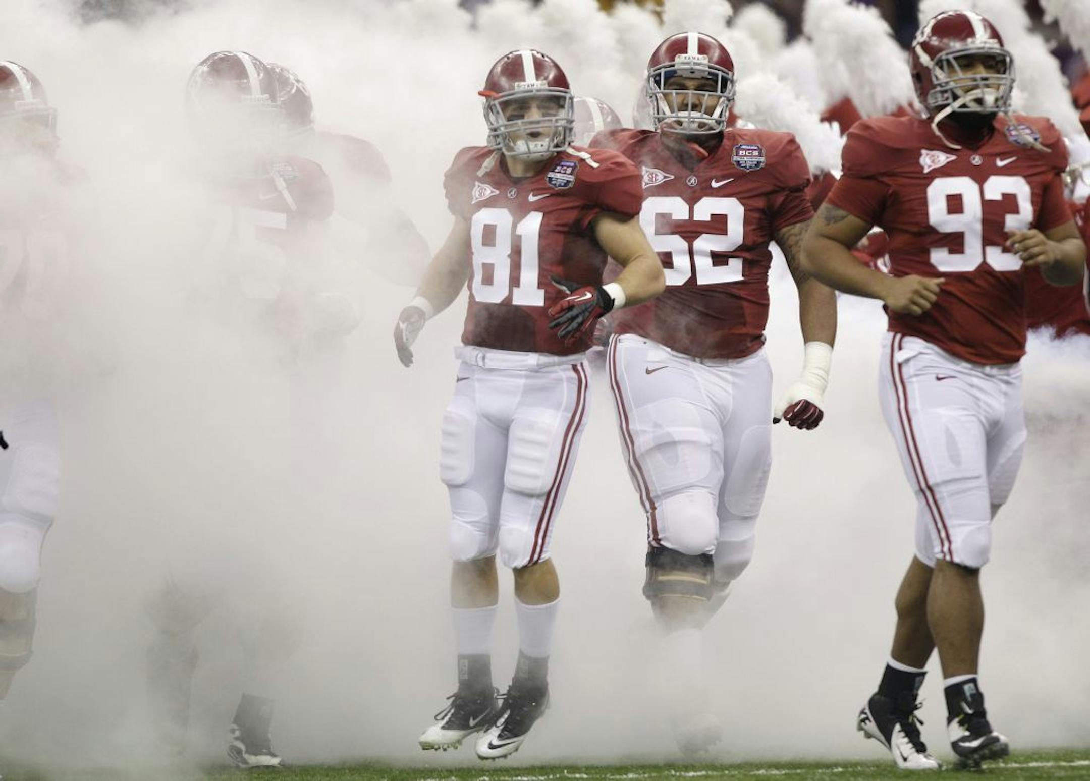 Alabama players are introduced before the BCS National Championship college football game against LSU Monday, Jan. 9, 2012, in New Orleans.