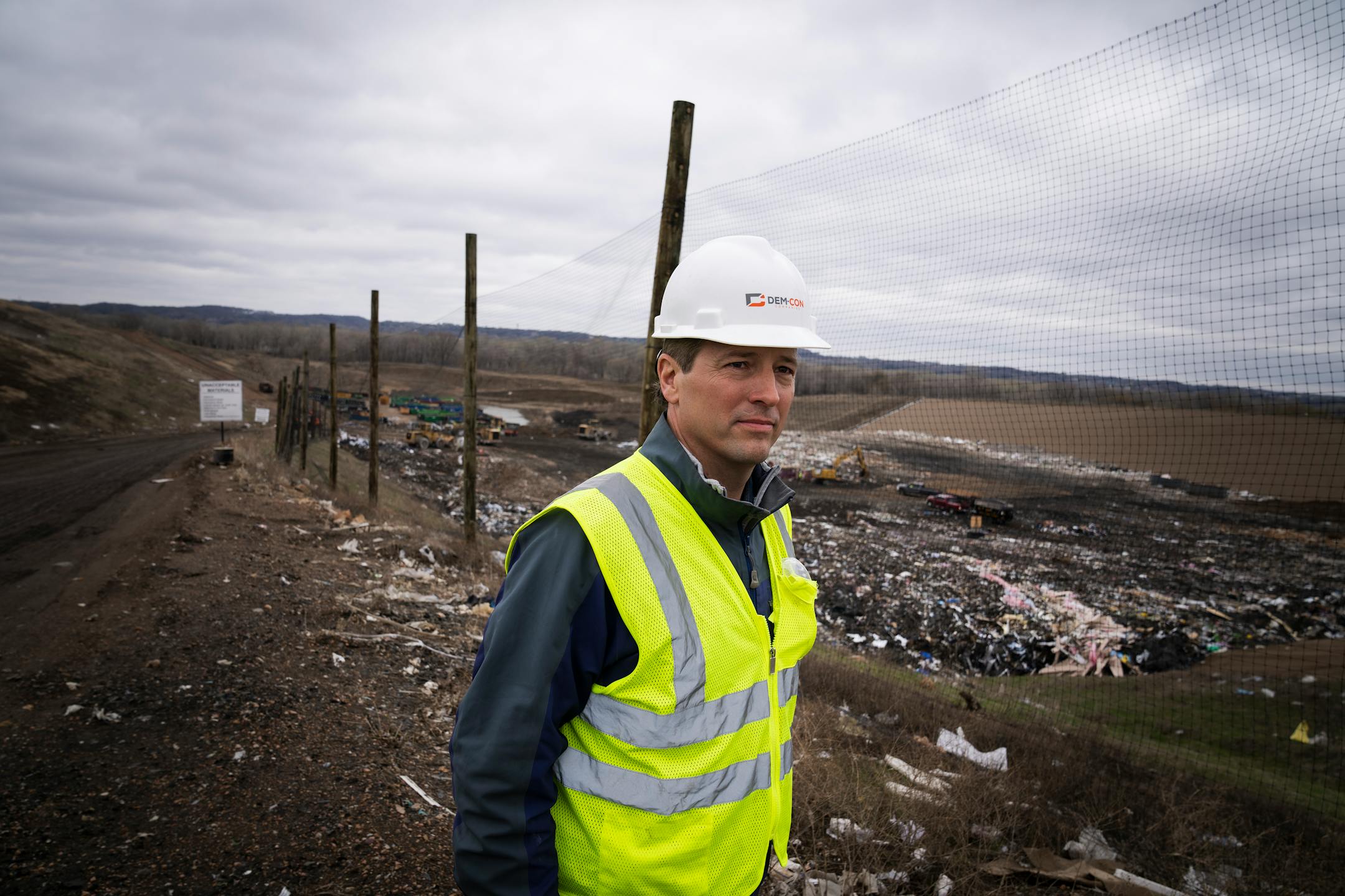 Dem-Con president Bill Keegan poses for a portrait outside the construction and demolition landfill at Dem-Con Companies Environmental Campus.