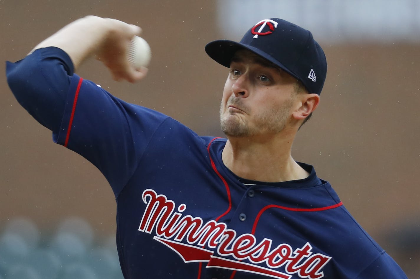 Minnesota Twins pitcher Jake Odorizzi throws against the Detroit Tigers in the first inning of a baseball game in Detroit, Sunday, June 9, 2019. (AP Photo/Paul Sancya)