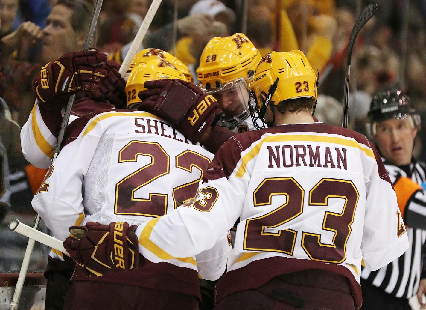 Minnesota Golden Gophers forward Tyler Sheehy (22) is congratulated by his teammates after scoring during the second period. ] ANTHONY SOUFFLE &#xef; anthony.souffle@startribune.com Game action from an NCAA men's ice hockey game between the Minnesota Golden Gophers and the Penn State Nittany Lions Friday, Feb. 3, 2017 at Mariucci Arena on the ground of the University of Minnesota in Minneapolis.