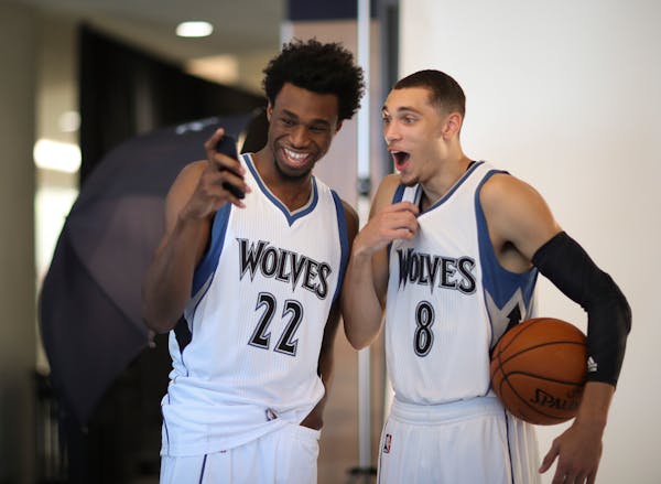 Timberwolves forward Andrew Wiggins, left, with guard Zach LaVine before a portrait session at Media Day.