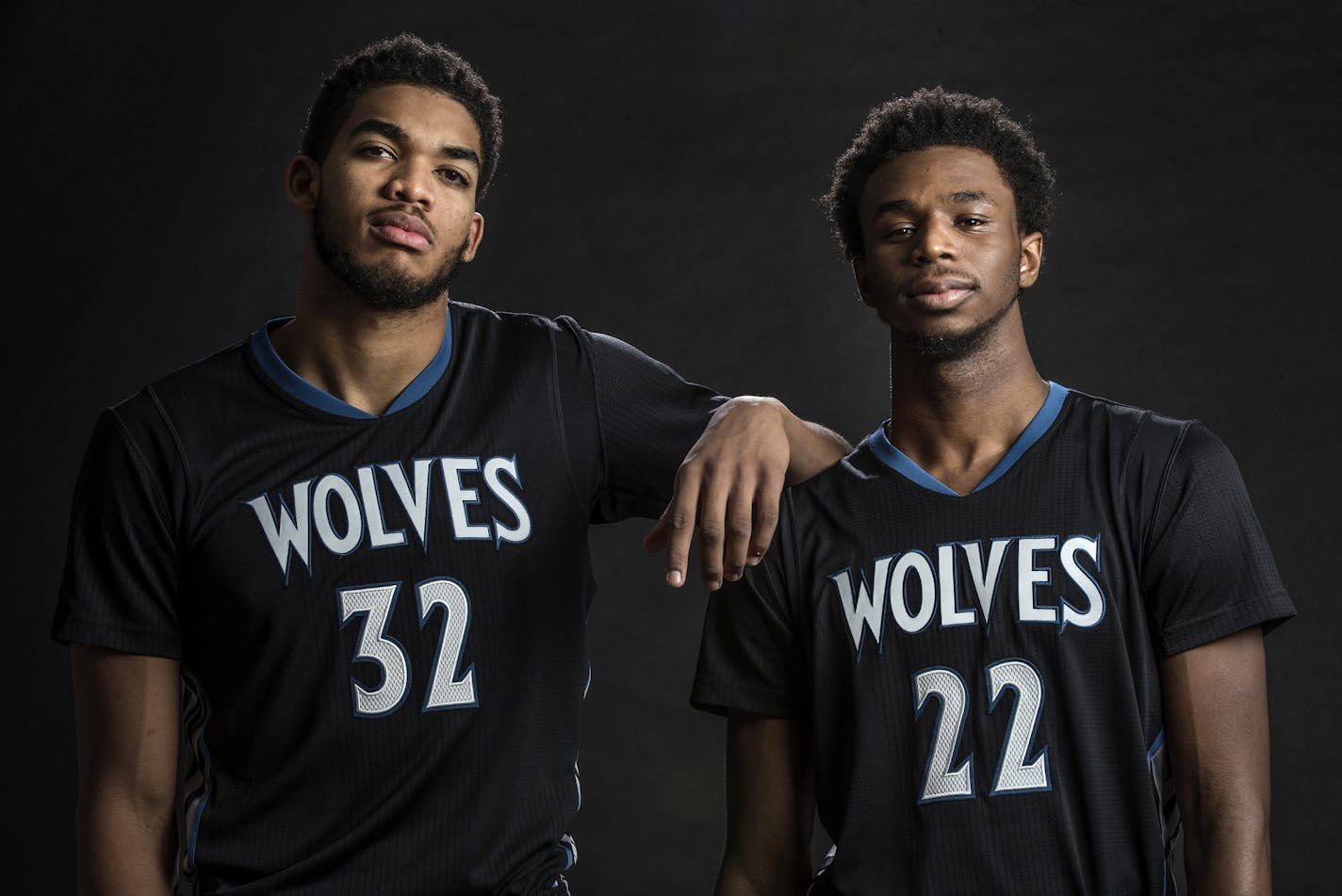 Minnesota Timberwolves Karl-Anthony Towns and Andrew Wiggins. ] CARLOS GONZALEZ cgonzalez@startribune.com - October 21, 2015, Minneapolis, MN, Minnesota Timberwolves, Andrew Wiggins and Karl-Anthony Towns