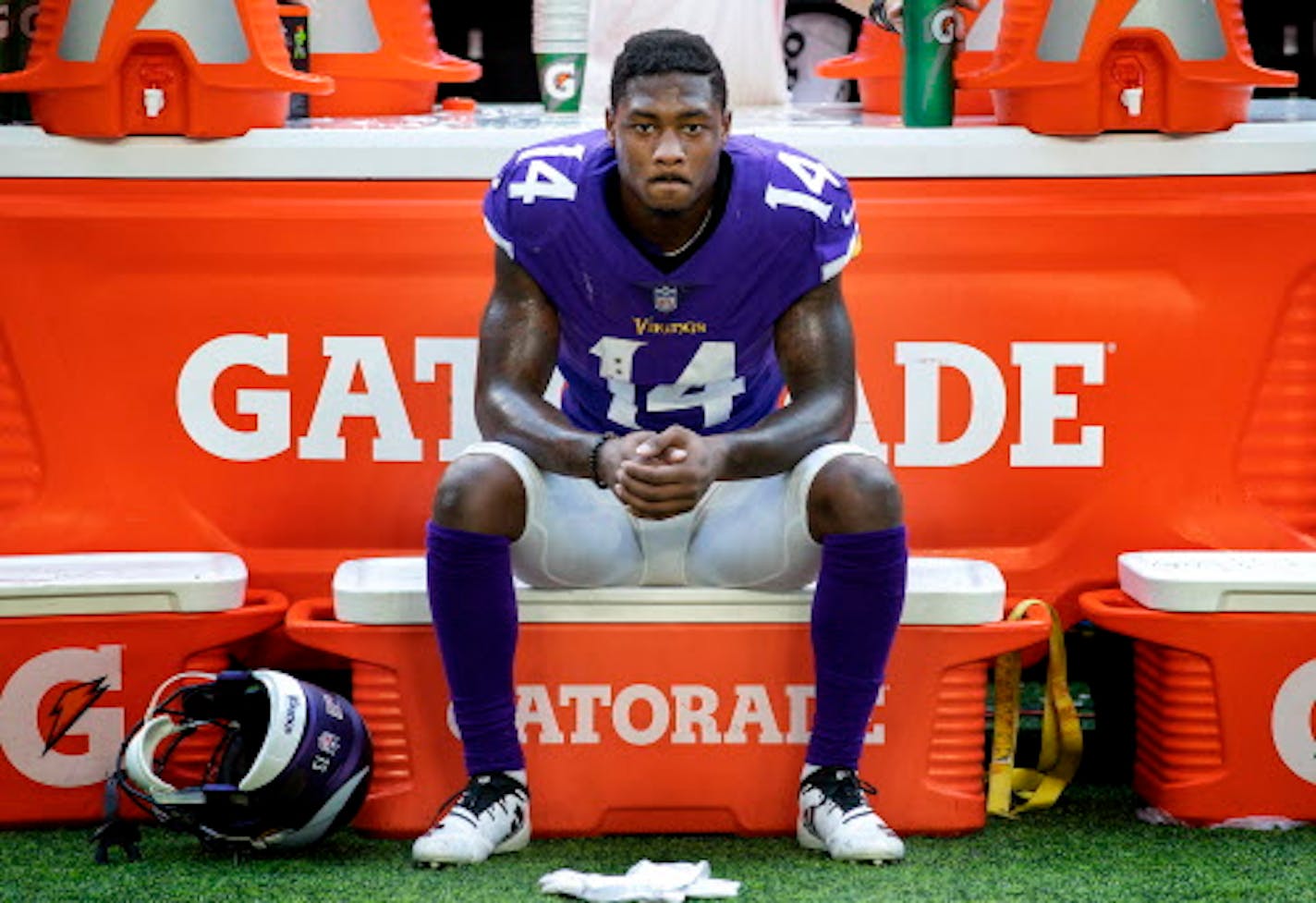 Minnesota Vikings receiver Stefon Diggs sits on a cooler at the end of the game against the Buffalo Bills on Sunday, Sept. 23, 2018 at U.S. Bank Stadium in Minneapolis, Minn. The Bills upset the Vikings 27-6. (Carlos Gonzalez/Minneapolis Star Tribune/TNS) ORG XMIT: 1241085