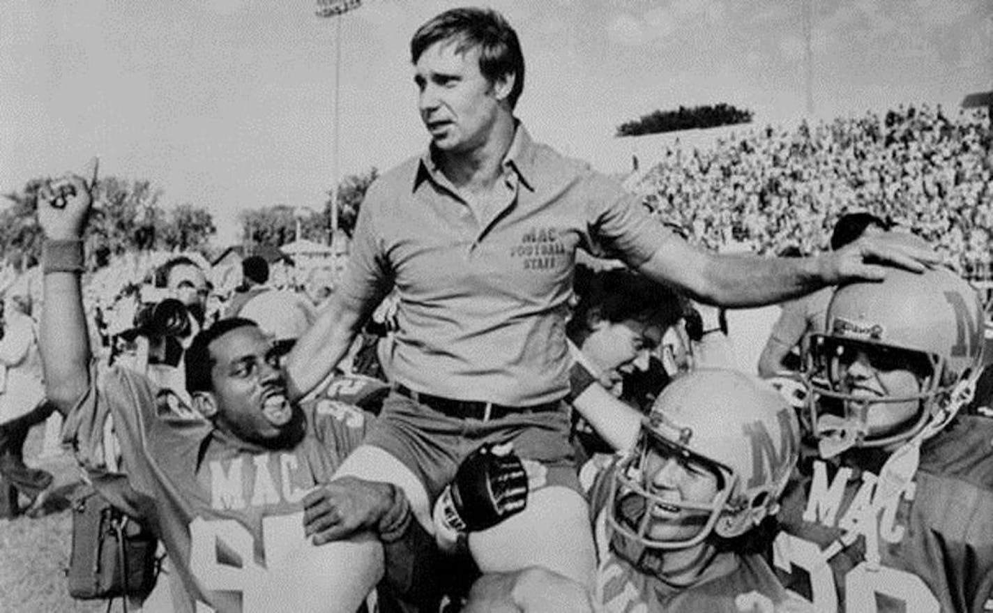 Macalester coach Tom Hosier was carried around the field by his players after the Scots ended a 50-game losing streak with a 17-14 victory over Mount Senario, a Wisconsin college that no longer exists.