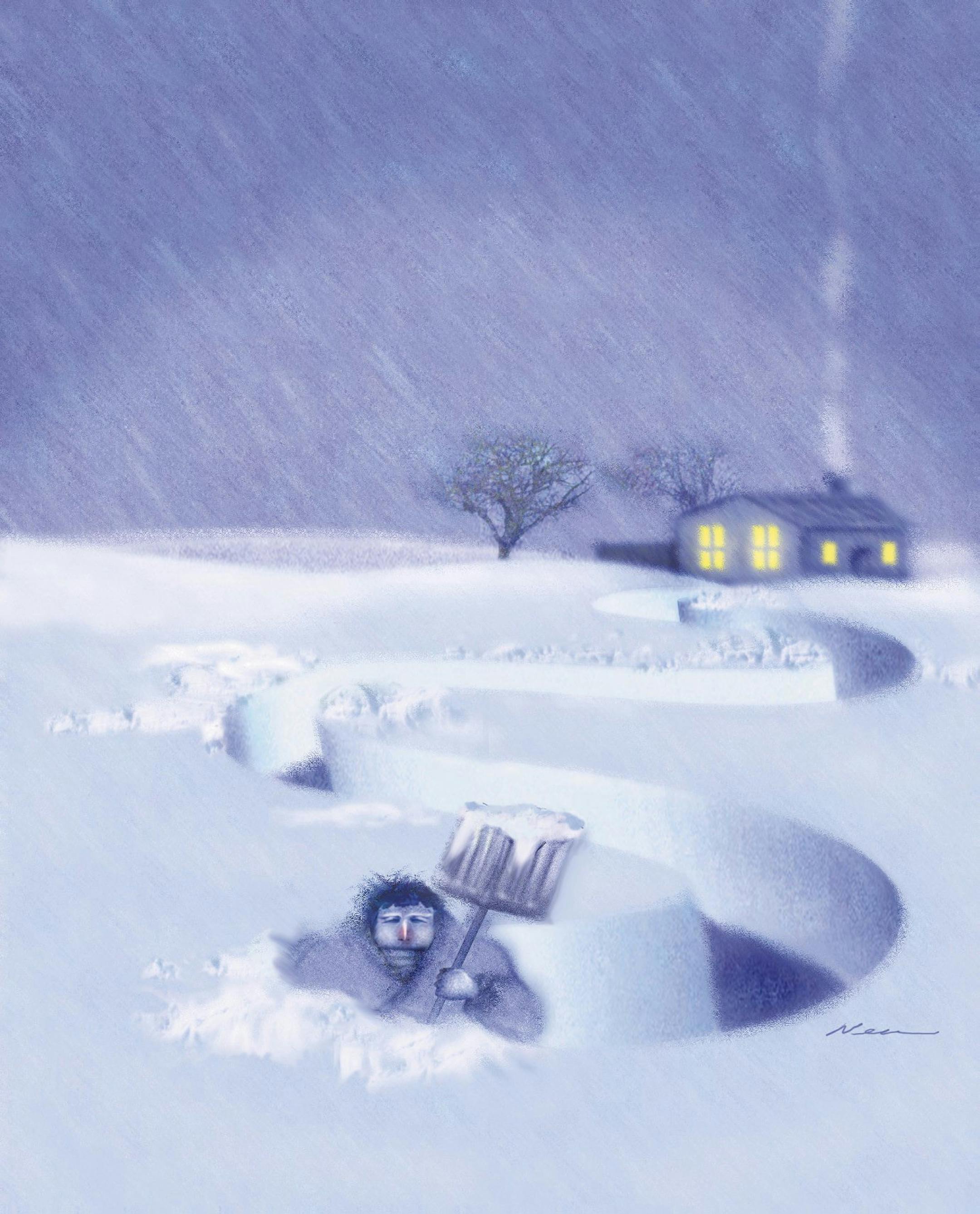 CATEGORY: ILLUSTRATION SUBJECT: 1 Snow shoveling illus ARTIST: Rick Nease ORIGIN: Detroit Free Press TYPE: EPS JPEG SIZE: As needed ENTERED: 2/15/96 REVISED: STORY SLUG: Stand-alone illustration,feature,season,winter,weather,snow,shovel,shoveling,health,attack,heart,DE,1996,Nease