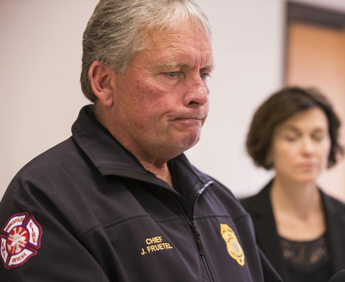 Minneapolis Fire Chief John Fruetel and Minneapolis Mayor Betsy Hodges hold a press conference regarding a fire in which three children were killed at Minneapolis City Hall on Sunday, October 4, 2015. The fire occurred late in the evening on Penn Avenue N in Minneapolis on Saturday, October 3 and there were three victims, all children. ] LEILA NAVIDI leila.navidi@startribune.com / BACKGROUND INFORMATION: Three young children died in a late-night fire October 3, 2015 in a house in north Minneapol