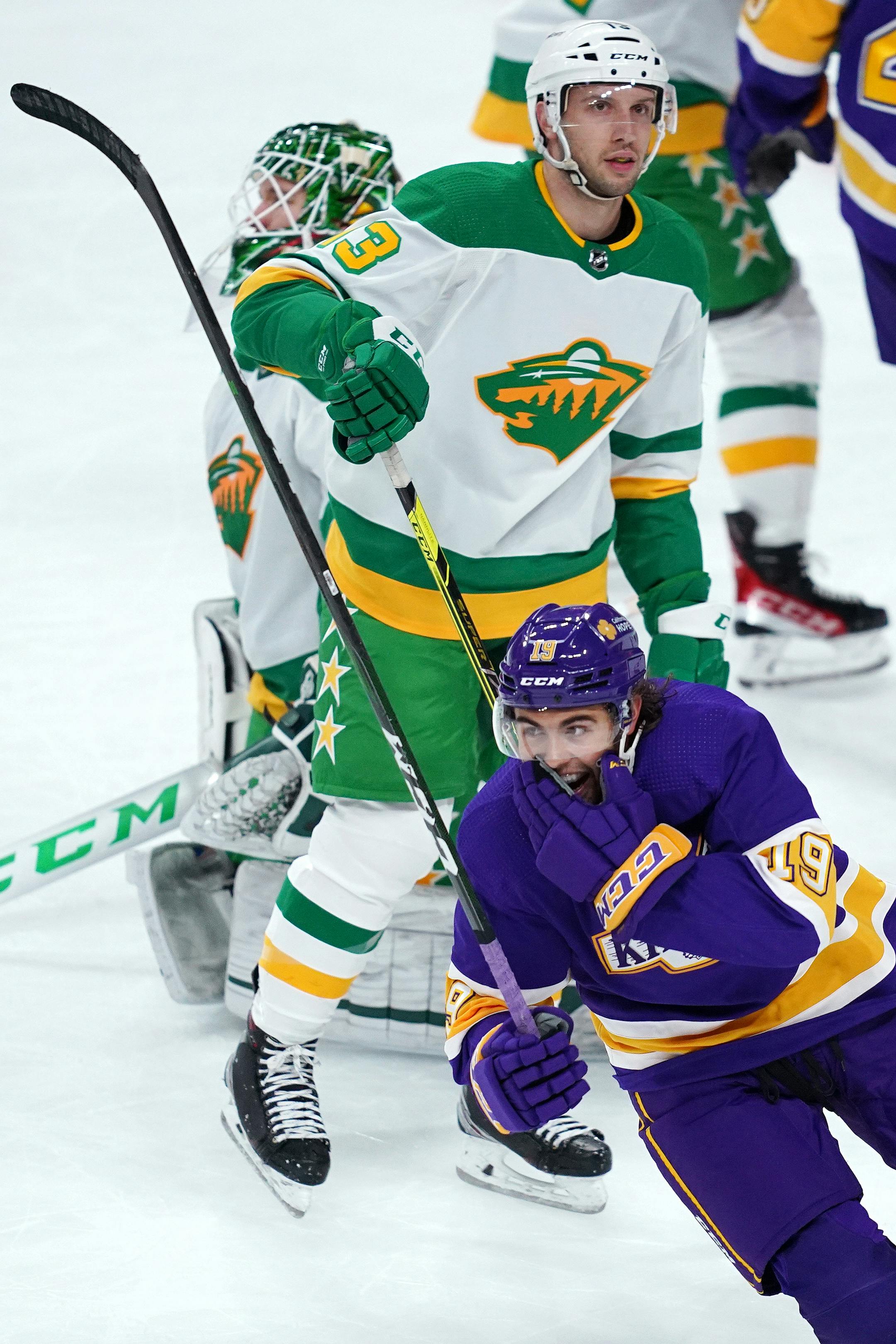 Los Angeles Kings right wing Alex Iafallo celebrated after scoring the game tying goal past Minnesota Wild goaltender Kaapo Kahkonen late in the third period. ] ANTHONY SOUFFLE • anthony.souffle@startribune.com