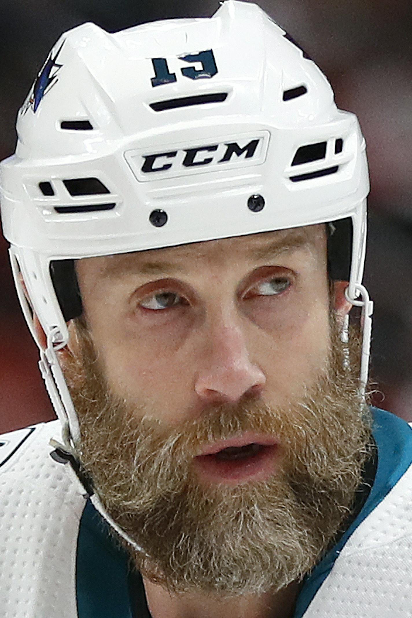 San Jose Sharks center Joe Thornton plays against the Detroit Red Wings in the first period of an NHL hockey game Sunday, Feb. 24, 2019, in Detroit. (AP Photo/Paul Sancya)