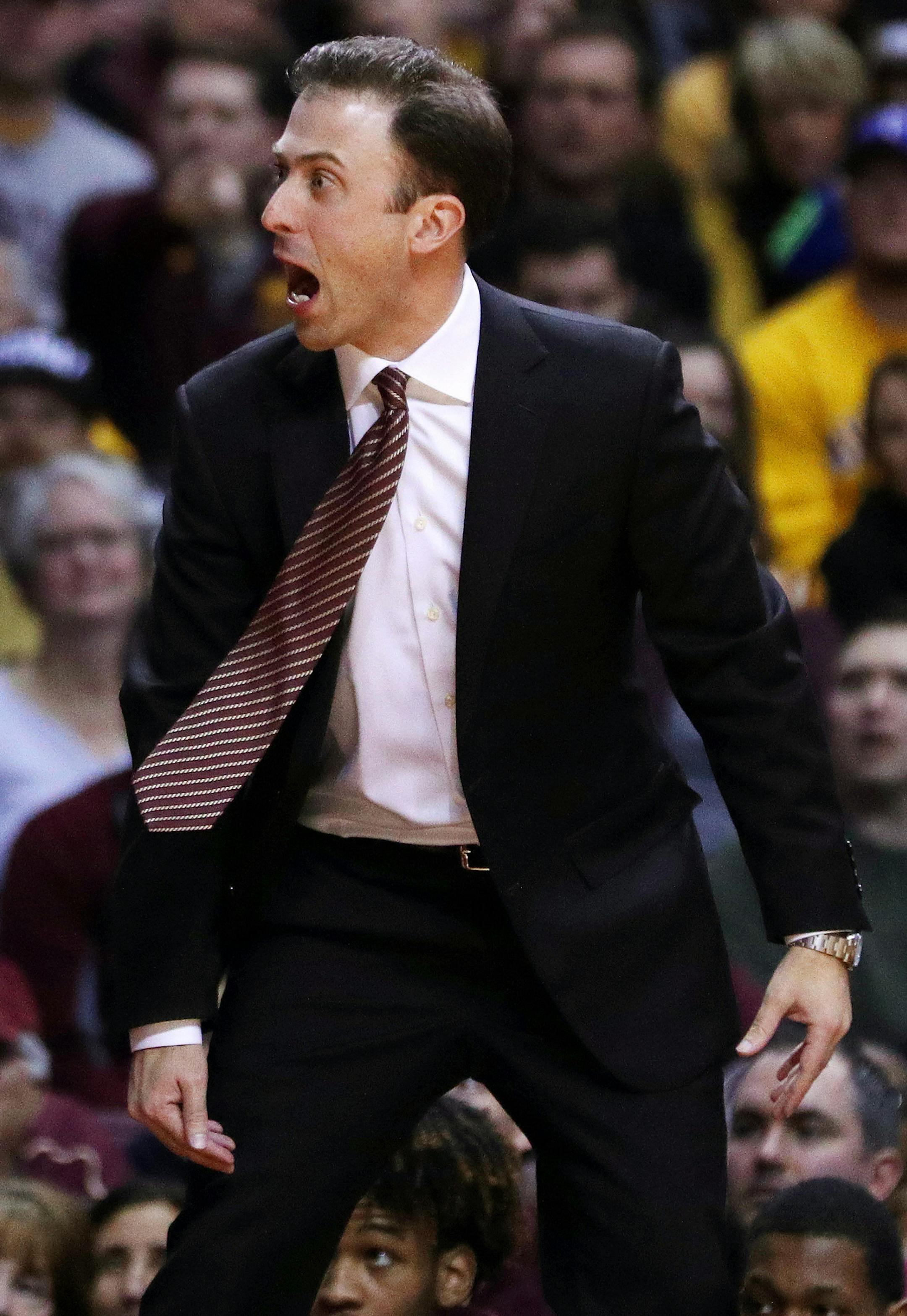 Minnesota Golden Gophers head coach Richard Pitino reacts to a call during the first half. ] ANTHONY SOUFFLE • anthony.souffle@startribune.com Game action from an NCAA basketball game between the Minnesota Golden Gophers and the Maryland Terrapins Saturday, Jan. 28, 2016 at Williams Arena on the grounds of the University of Minnesota in Minneapolis.