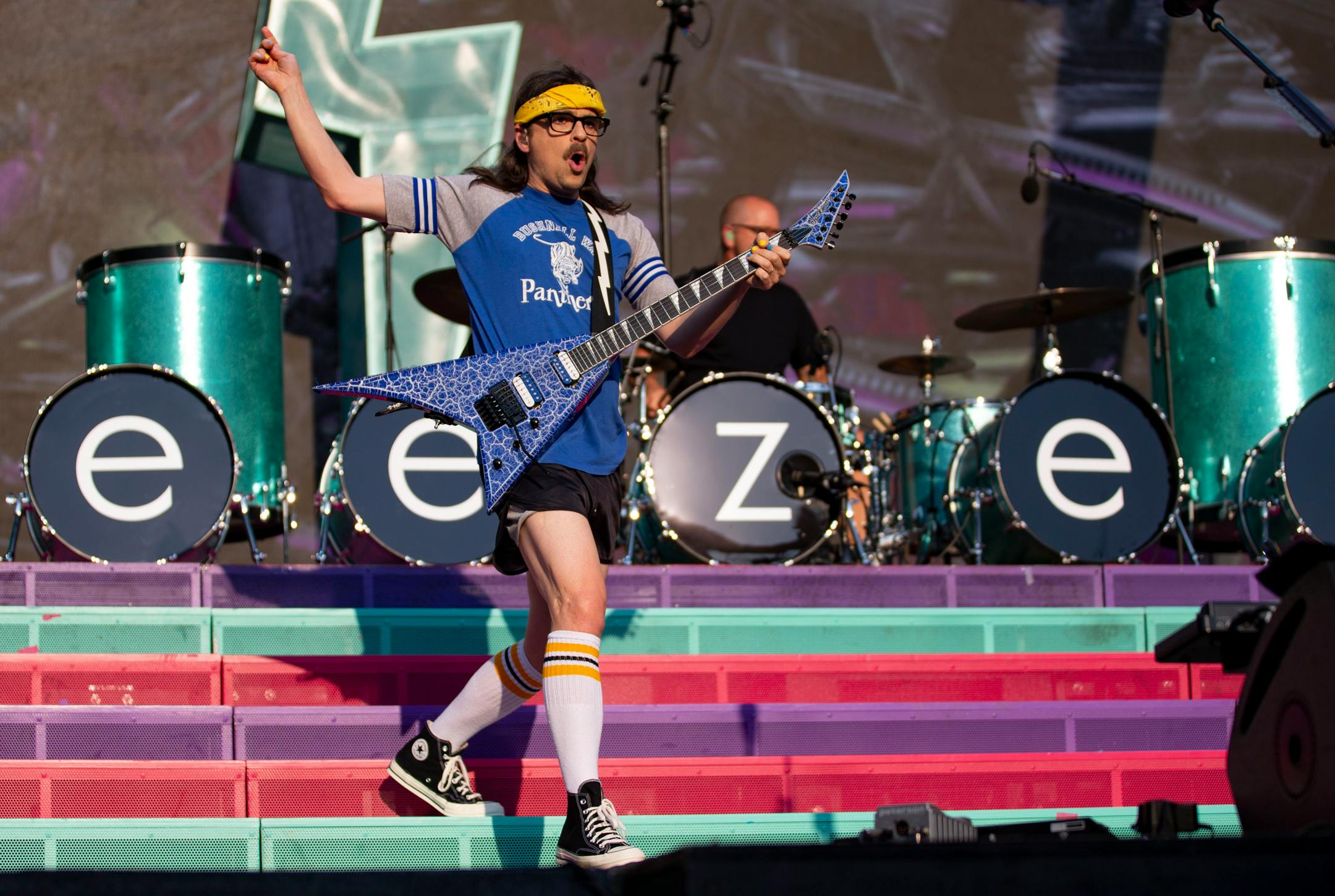 Rivers Cuomo, lead singer of Weezer, got the crowd pumped up during the band's set at Target Field as part of the Hella Mega Tour on Monday evening.