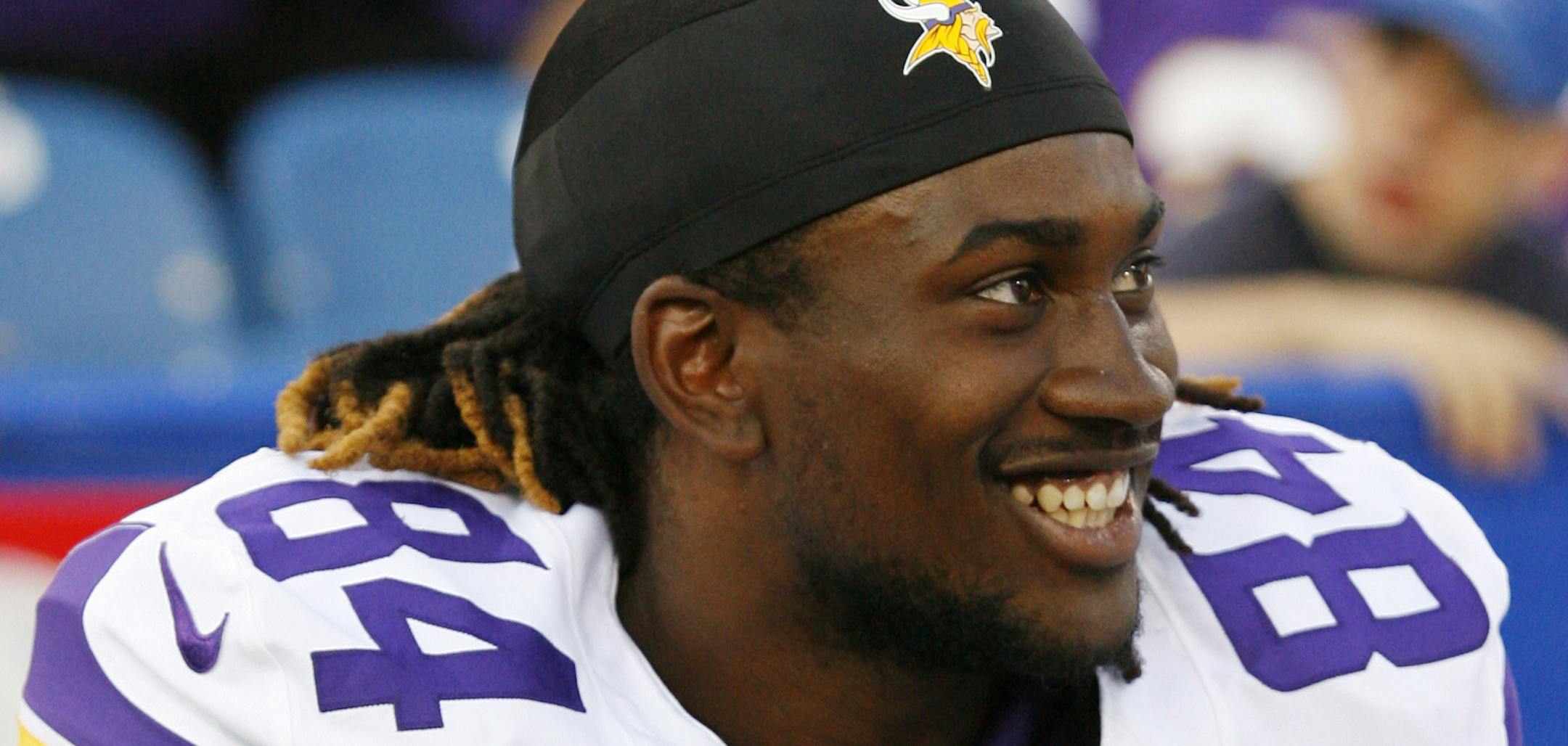 Minnesota Vikings Cordarrelle Patterson rides a sideline bicycle during an NFL preseason football game against the Buffalo Bills Friday, Aug. 16, 2013, in Orchard Park, N.Y. (AP Photo/Bill Wippert) ORG XMIT: MIN2013082713464231