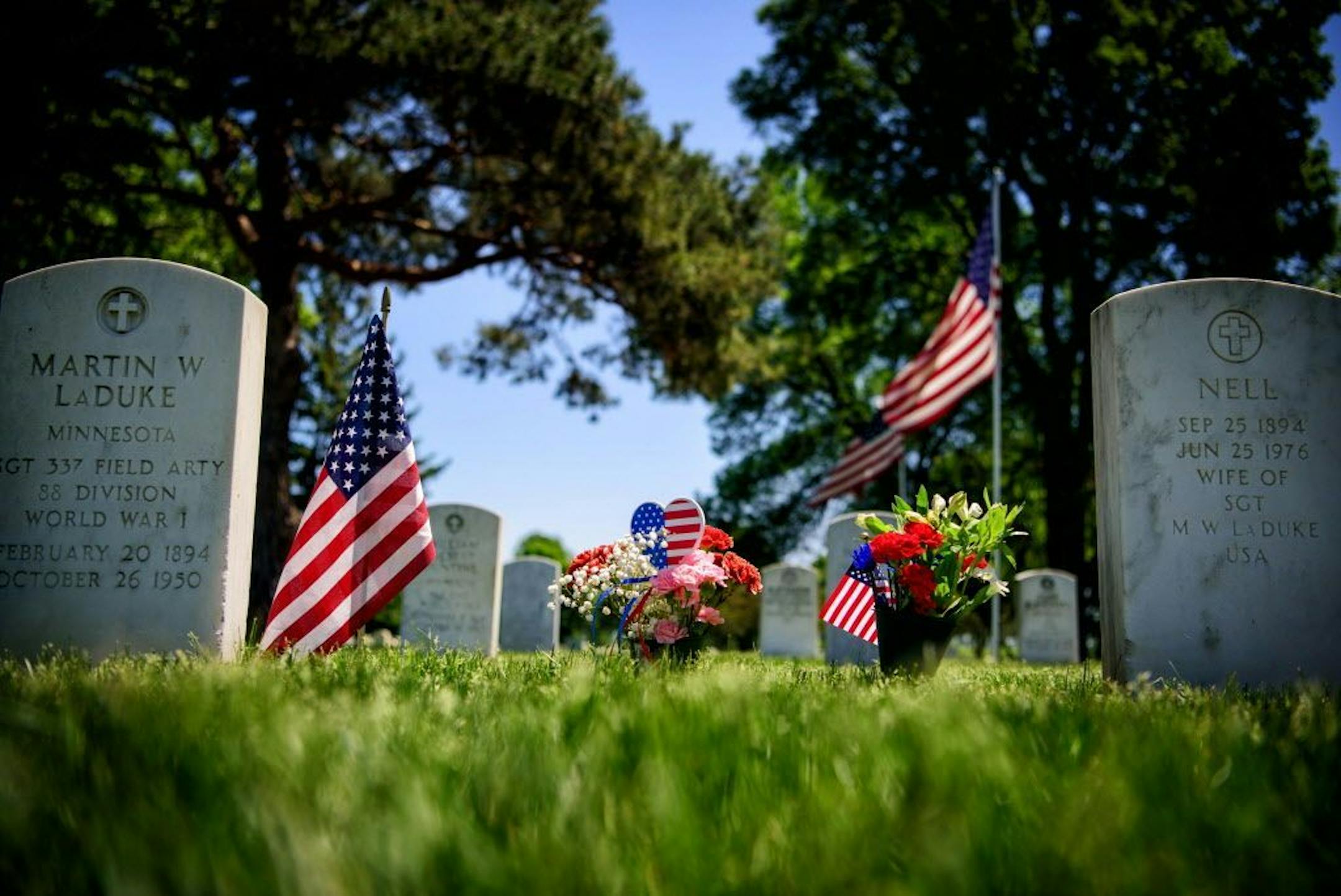 Flowers left for a loved one at Fort Snelling.