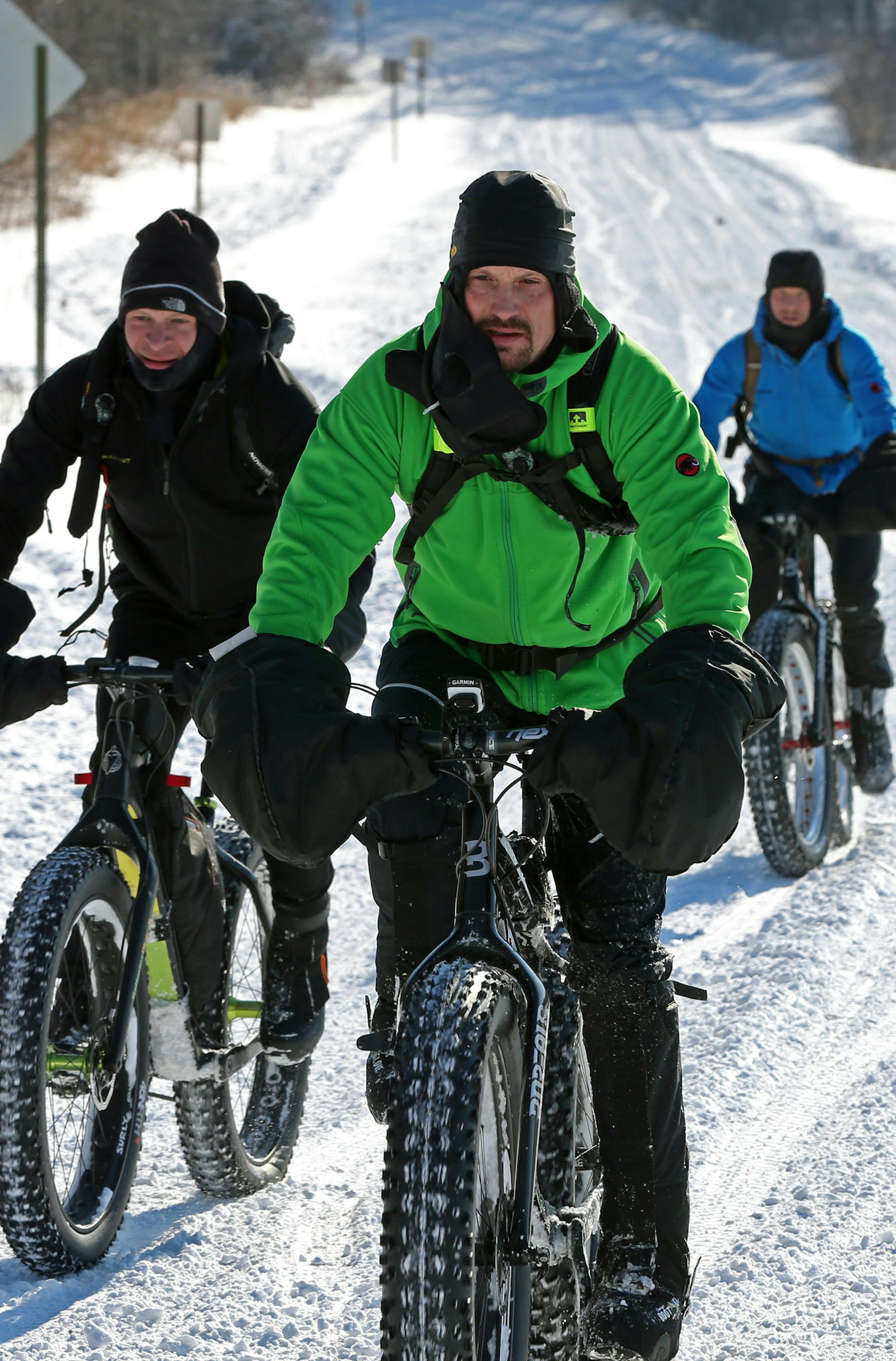 (left to right) Dan Dittmer of Shakopee, Mike Criego of Prior Lake and Alan Eastlund of Edina rode the trails at the Murphy-Hanrehan Park Reserve on 1/18/14.] Bruce Bisping/Star Tribune bbisping@startribune.com Dan Dittmer, Mike Criego, Alan Eastlund/source.