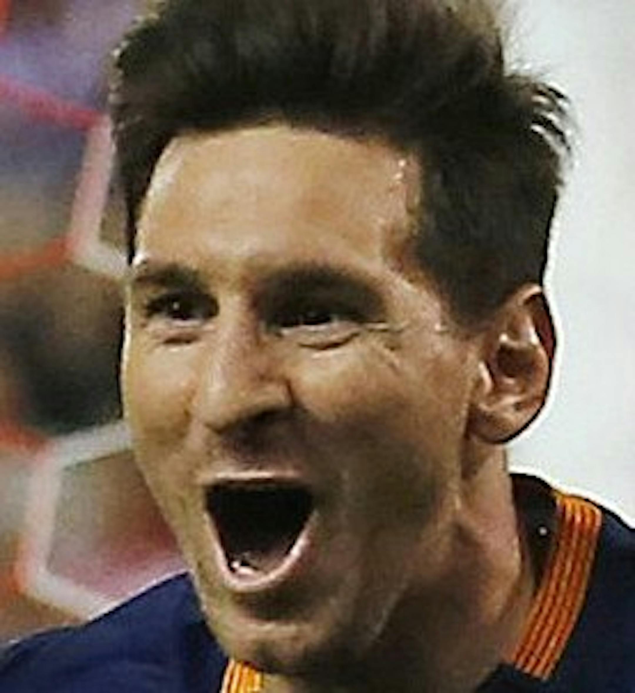Barcelonaís Lionel Messi celebrates after scoring during a Spanish La Liga soccer match between Atletico Madrid and Barcelona at the Vicente Calderon stadium in Madrid, Spain, Saturday Sept. 12, 2015. (AP Photo/Paul White)
