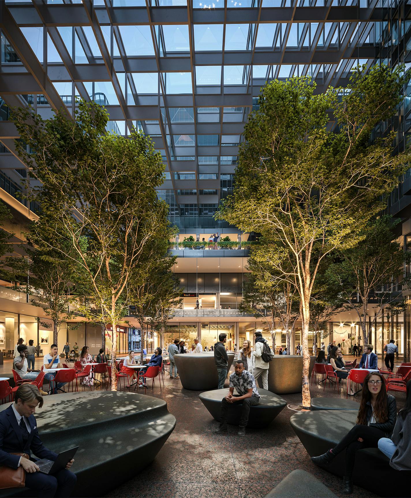 A revamped Crystal Court in the IDS Center will feature new seating and canopies of trees expected to grow 24 feet tall. It is the frist remake for the space in 22 years.