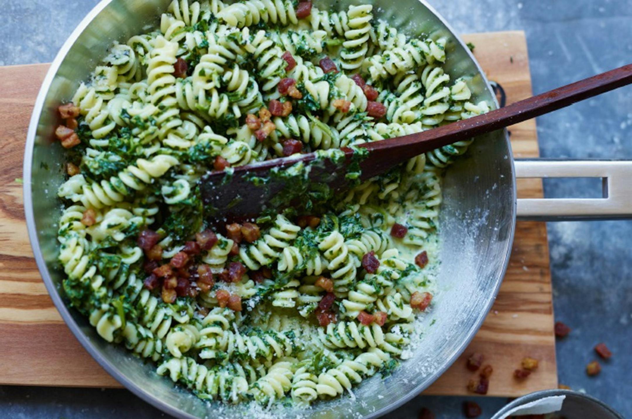 Creamy Spinach Pasta Alfredo With Crispy Pancetta, from &#x201c;The Pollan Family Table.&#x201d;