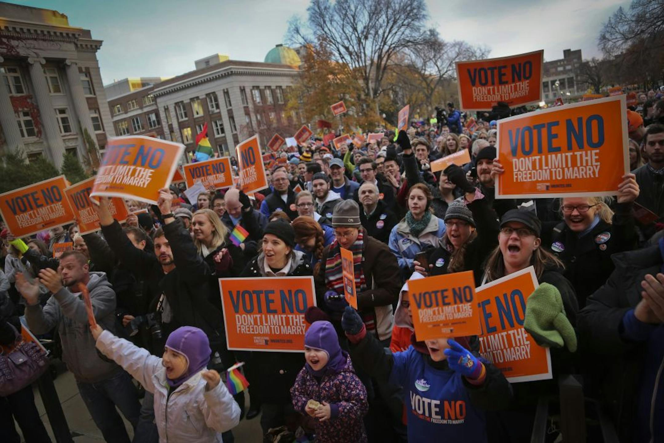 Hundreds of people gathered in opposition of the Marriage Amendment at the University of Minnesota Campus on Monday, October 29, 2012, in Minneapolis
