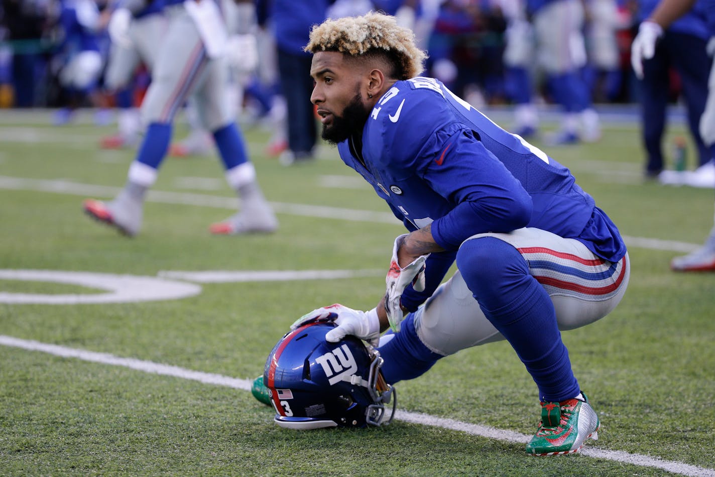 New York Giants wide receiver Odell Beckham Jr. stretched before Sunday's game, in which he would be called for three personal fouls.