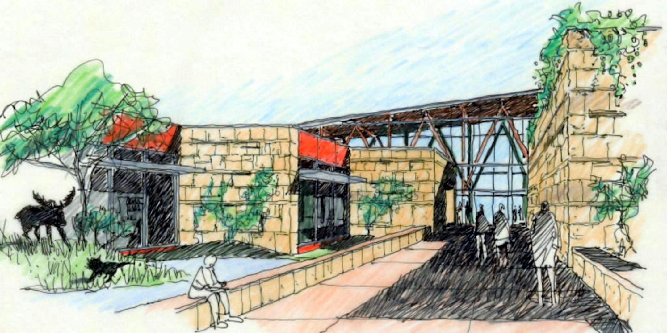A 2009 rendering of the main entrance of the new Bell Museum. Long-drawn plans for the stone, steel and glass building include classrooms, a cafe and a 300-seat auditorium. Outside, visitors would witness research among acres of prairie and forest.