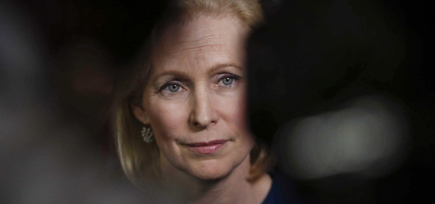 Democratic presidential candidate Kirsten Gillibrand, D-N.Y., speaks with WHO TV Channel 13 News during an interview at Papa Keno's in the Drake neighborhood of Des Moines, Iowa, on Wednesday, April 17, 2019. (Bryon Houlgrave/The Des Moines Register via AP)