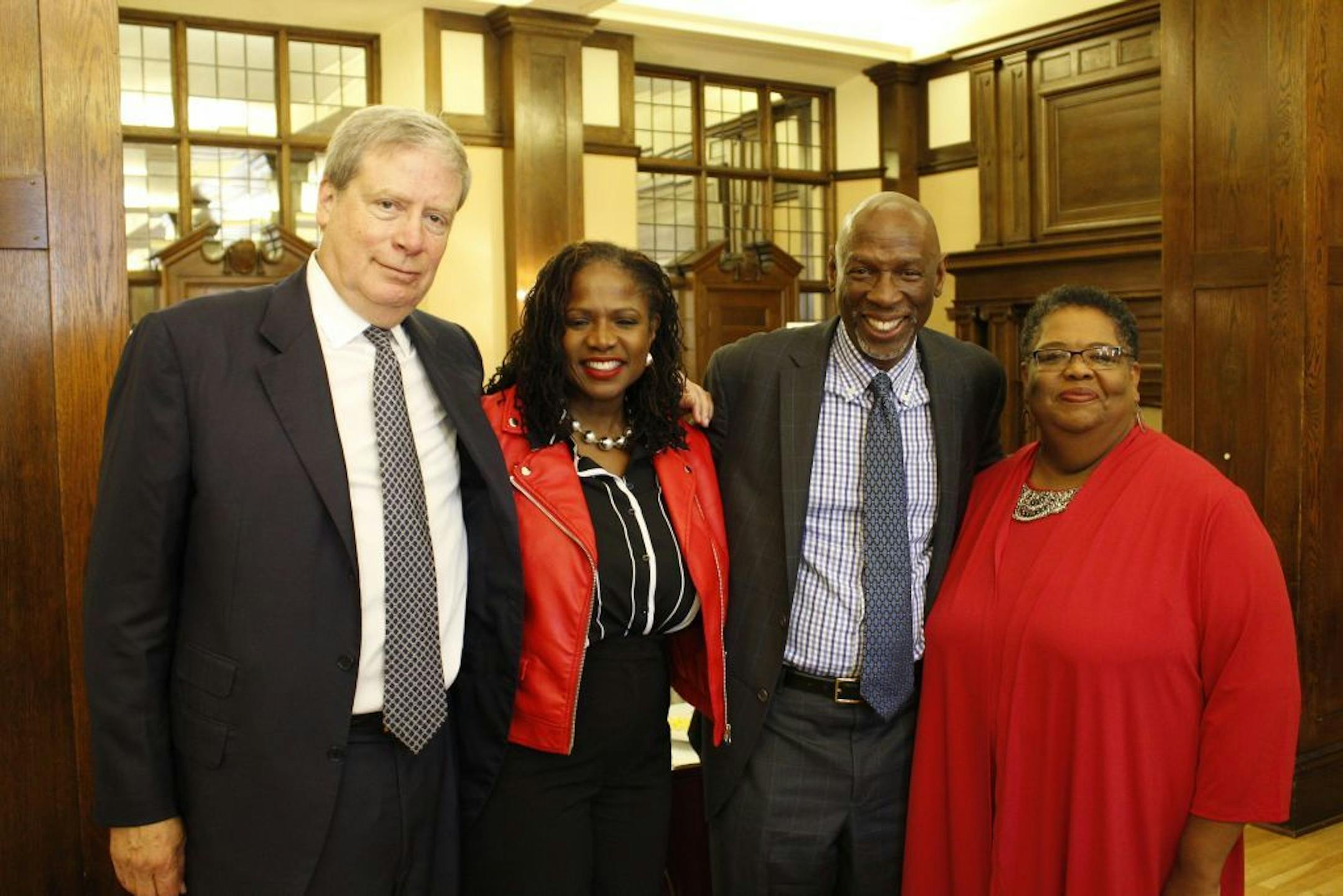 Stanley Druckenmiller, the legendary investor and chairman of the Harlem Children's Zone; CEO Sondra Samuels of the Northside Achievement Zone (NAZ); Geoffrey Canada, founder of the Harlem Children's Zone and COO Karen Kelley-Ariwoola of NAZ. Photo: Chris Heng/NAZ