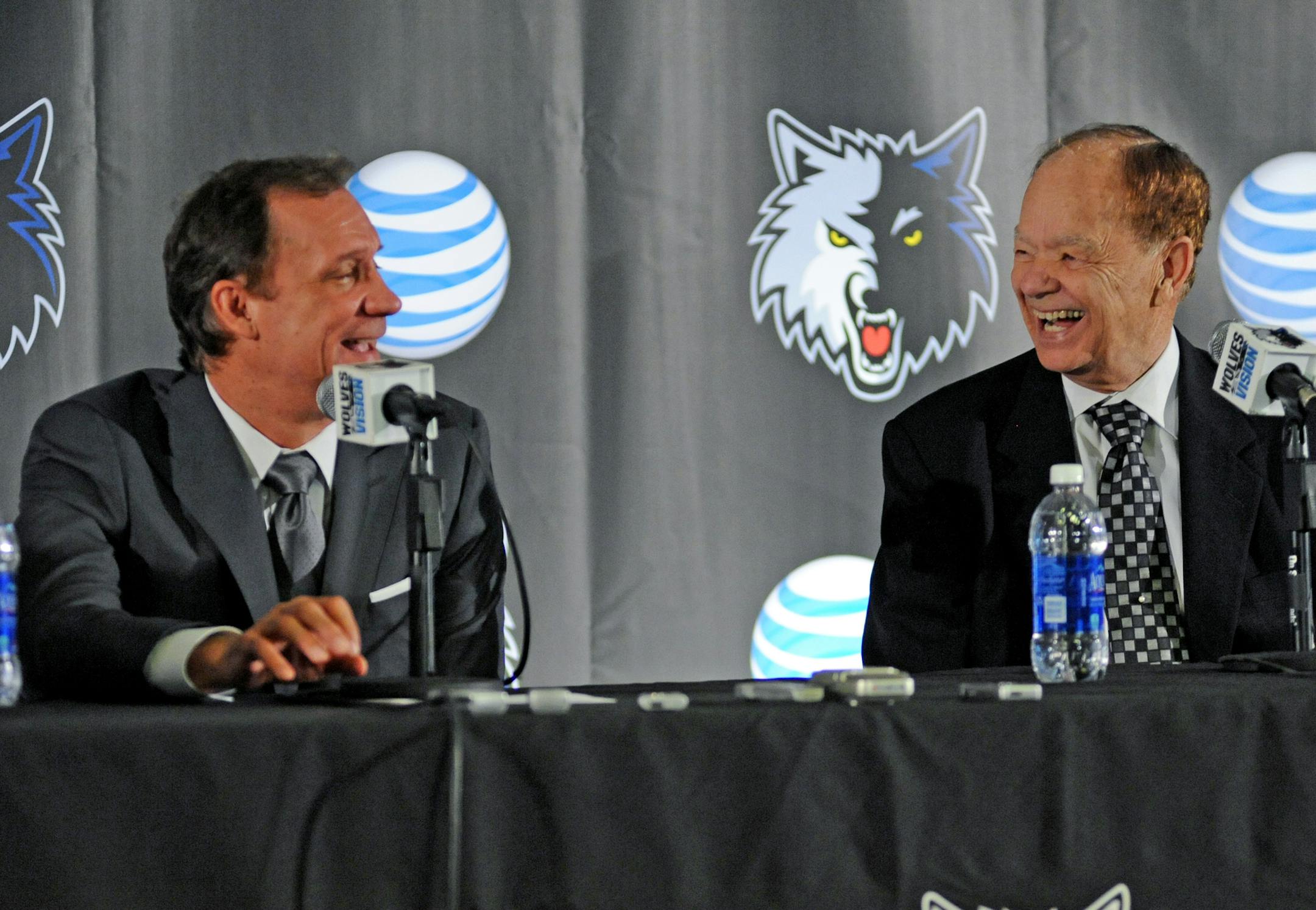At a Friday morning press conference, former head coach Flip Saunders was introduced as the Timberwolves’ new president for basketball operations. Flip Saunders and Wolves owner Glen Taylor talked about the future and how to rebuild the team. . ] Richard.Sennott@startribune.com Richard Sennott/Star Tribune. , Minneapolis Minn. Friday 5/3/13) ** (cq)