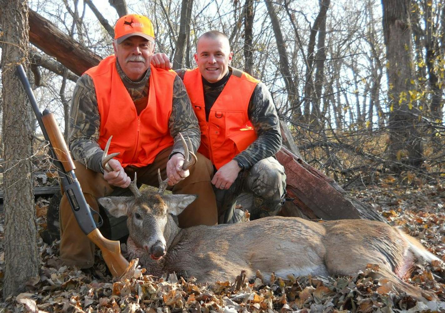 Tony Cornish (left) of Good Thunder and his son, Gabe, of Lake Crystal, Minn., with an eight-point buck Tony Cornish shot at his farm. Tony Cornish is a state legislator in District 24B..