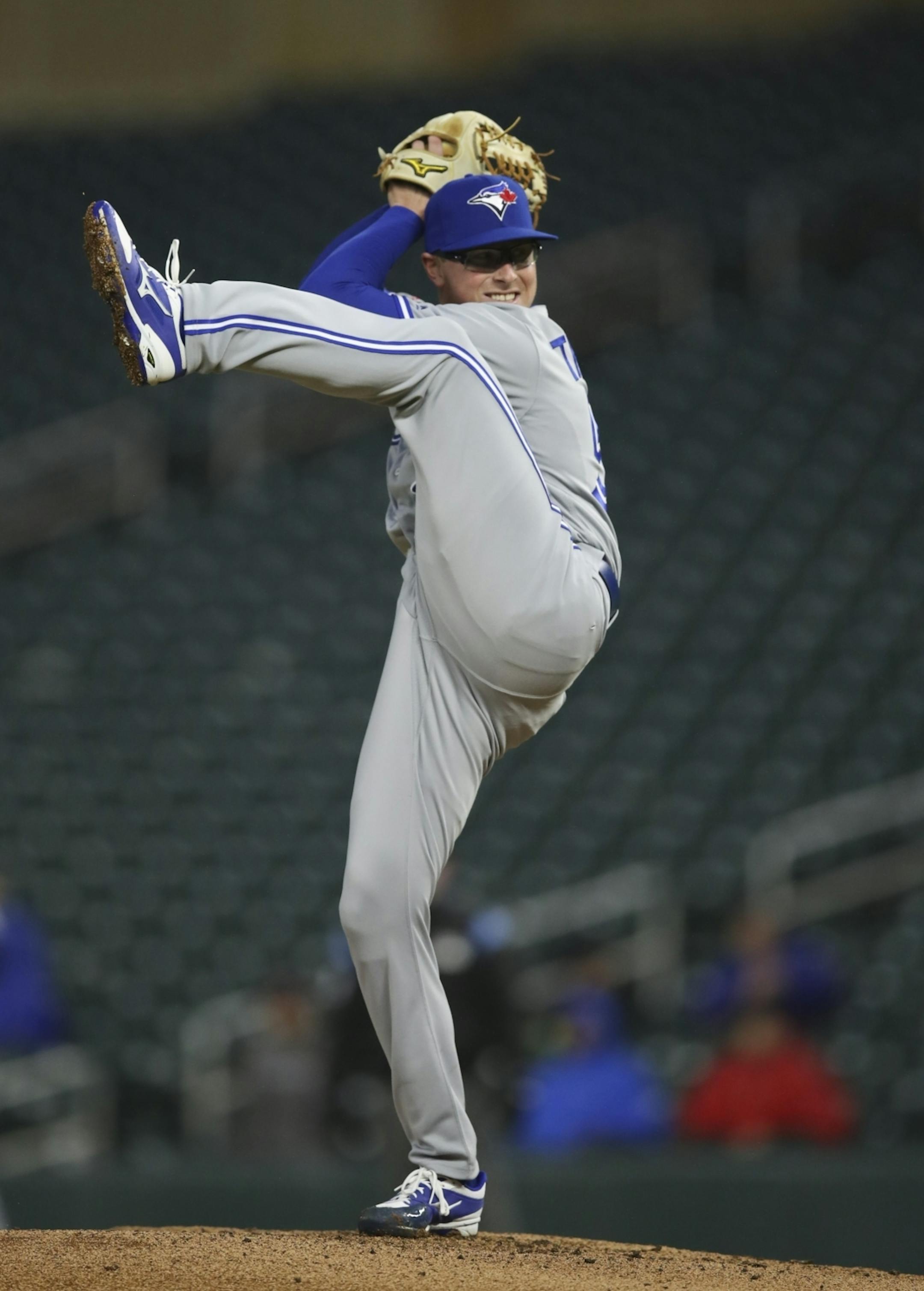 Toronto Blue Jays starting pitcher Trent Thornton wound up while throwing against the Twins in the first inning.