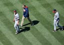 Twins starter Tyler Duffey left, was taken out of Sunday's game after he was struck by a line drive in the fifth inning against the Nationals.