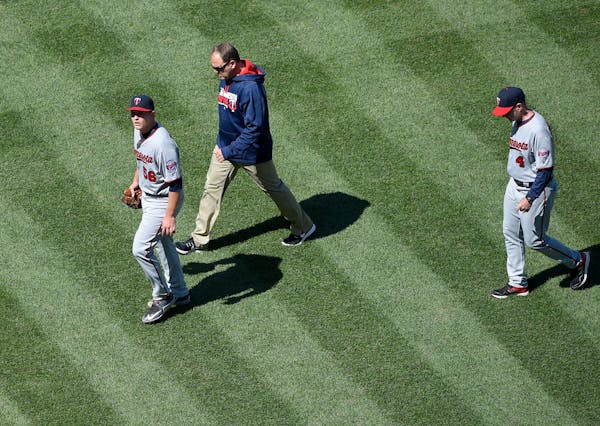 Twins starter Tyler Duffey left, was taken out of Sunday's game after he was struck by a line drive in the fifth inning against the Nationals.