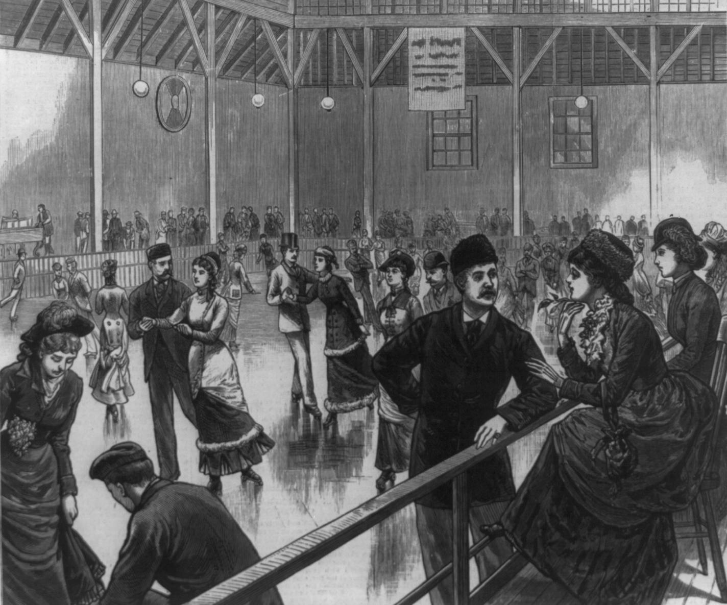 Title: District of Columbia - glimpses of life at the national capital - a fashionable roller-skating rink Date Created/Published: 1880. Medium: 1 print : wood engraving. Summary: Men and women skating. Reproduction Number: LC-USZ62-59217 (b&w film copy neg.) Rights Advisory: No known restrictions on publication. Wood engraving after a sketch by Miss Georgie Davis. Illus. in: Frank Leslie's Illustrated Newspaper, v. 50, 1880, p. 85. Library of Congress