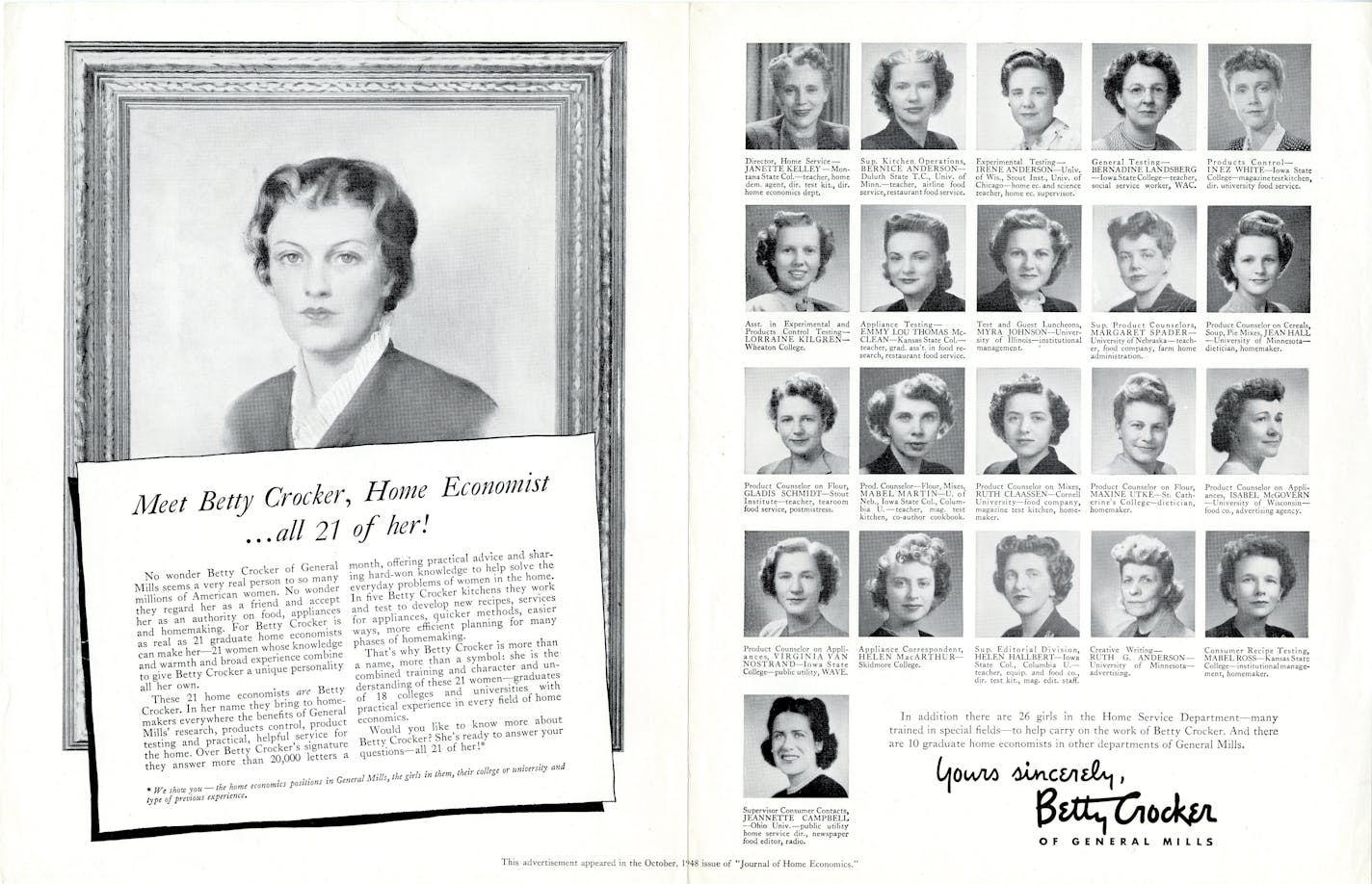 Meet Betty Crocker, Home Economist... all 21 of her! This advertisement appeared in the October 1948 issue of "Journal of Home Economics." Credit: General Mills.