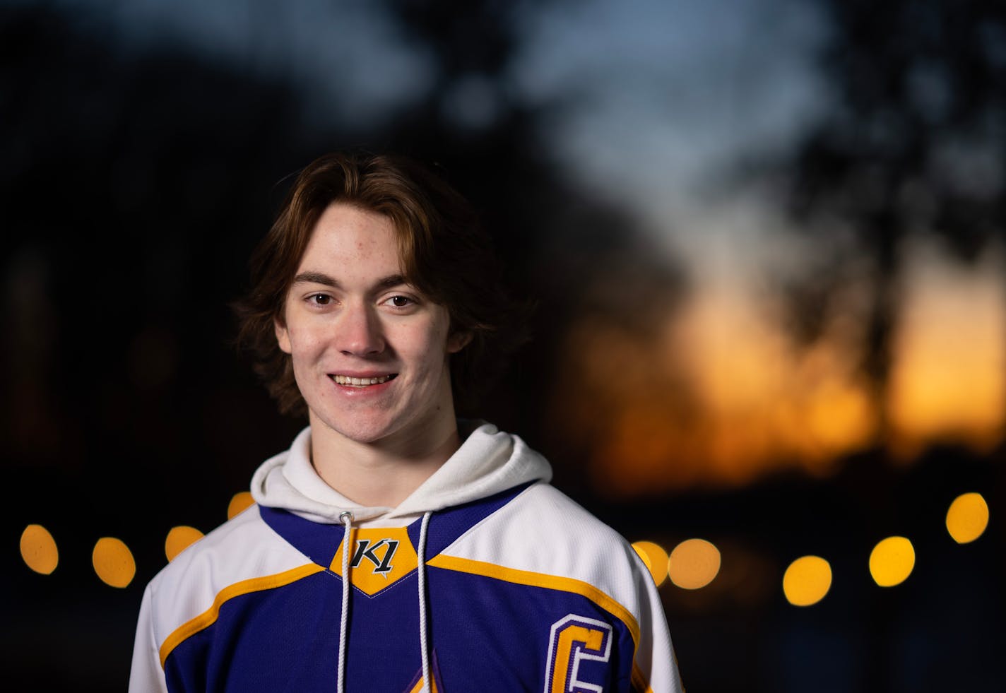 Forward Jake Fisher of Cretin-Derham Hall High School, a selection for the Star Tribune's All Metro First Team, photographed Sunday evening, February 5, 2023 on the backyard rink of Tom Schoolmeesters in Circle Pines, Minn. ] JEFF WHEELER • jeff.wheeler@startribune.com