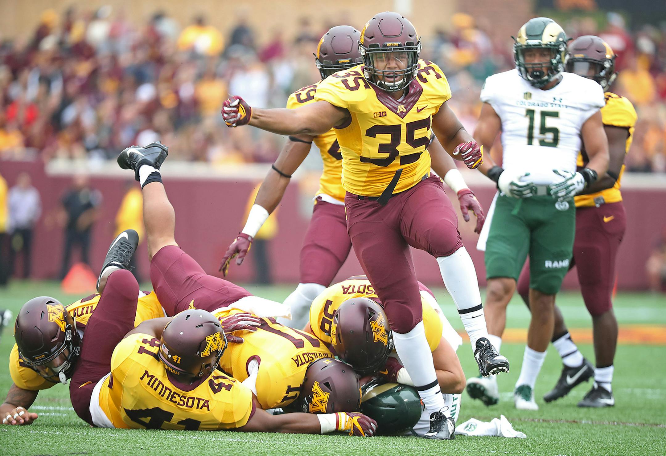 Minnesota's linebacker Jaylen Waters celebrated a tackle in the third quarter as the Gophers took on Colorado State at TCF Bank Stadium, Saturday, September 24, 2016 in Minneapolis, MN. ] (ELIZABETH FLORES/STAR TRIBUNE) ELIZABETH FLORES &#x2022; eflores@startribune.com