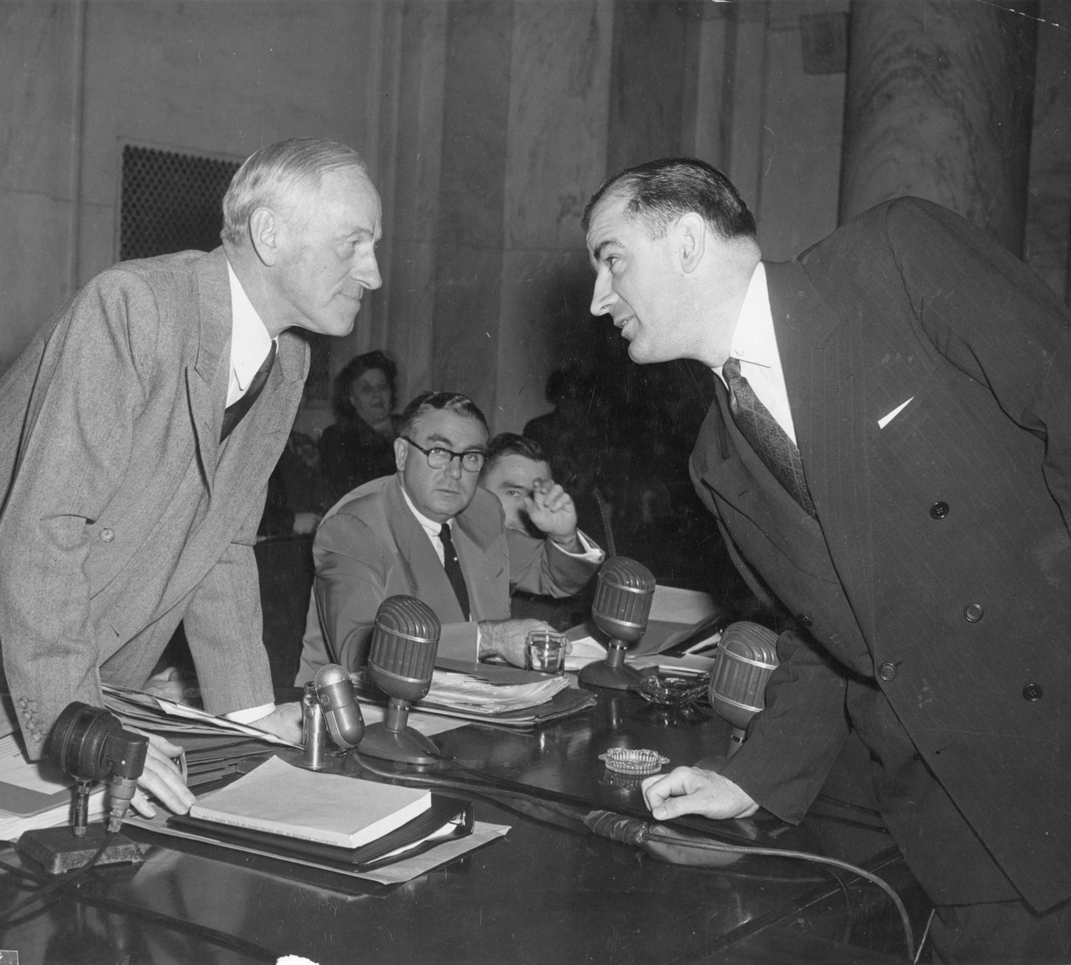 Sen. Joseph McCarthy, right, faces off with Sen. Millard Tydings of Maryland on the first day of hearings into McCarthy’s allegations that scores of communists were working in the State Department.