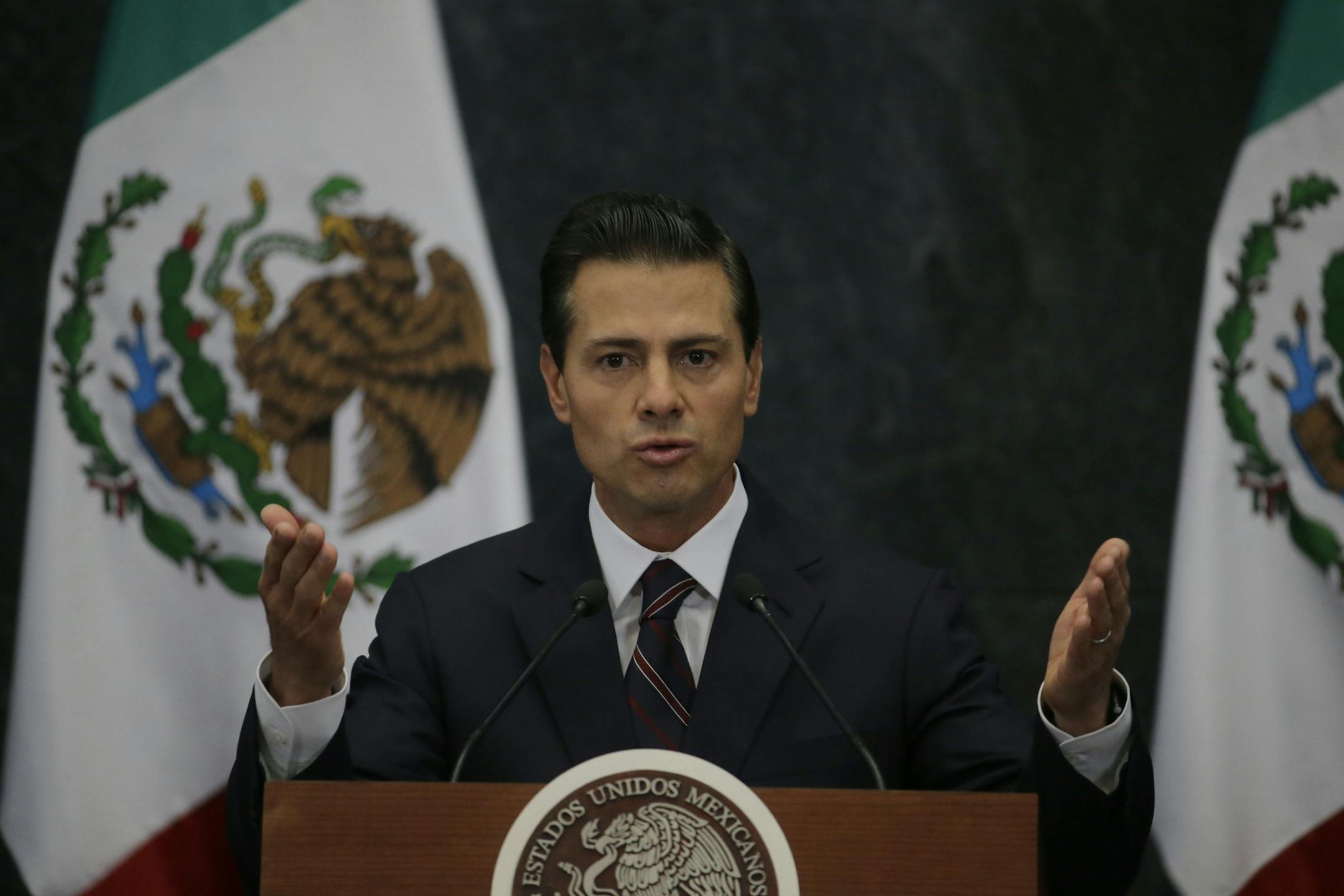 Mexico's President Enrique Pena Nieto speaks during a press conference at the Los Pinos presidential residence in Mexico City, Wednesday, Jan. 4, 2017. President Pena Nieto has brought back Luis Videgaray, a cabinet secretary and close adviser who resigned after arranging a meeting between Enrique Pena Nieto and then-presidential candidate Donald J. Trump, as Mexico's new Foreign Relations Secretary. (AP Photo/Marco Ugarte)