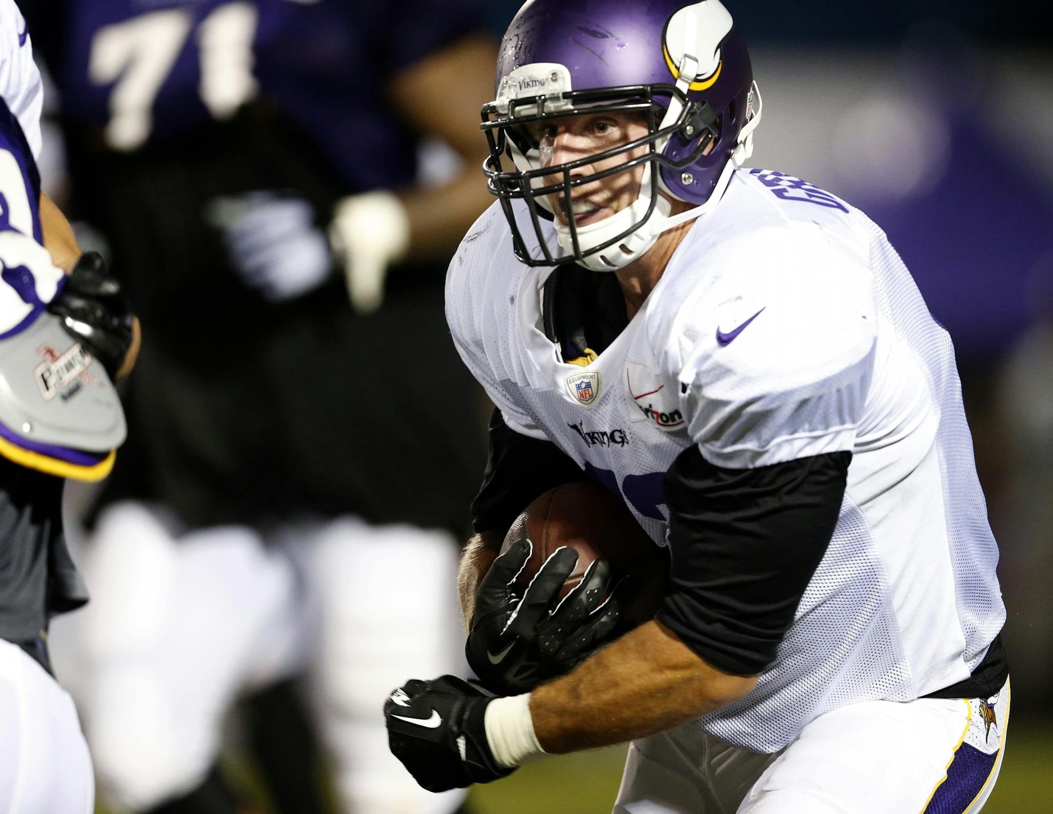 Minnesota Vikings linebacker Chad Greenway intercepted a Teddy Bridgewater pass during the evening practice on Saturday at Blakeslee Stadium.