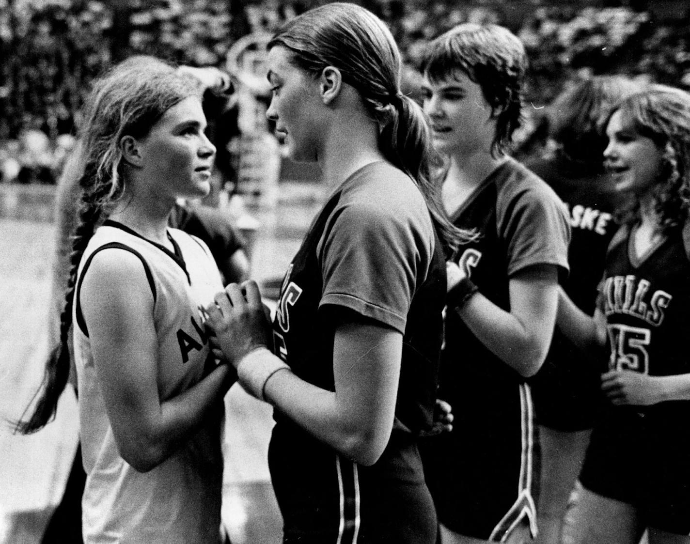 March 25, 1979 Congratulations for the winner Albany's Kelly Skalicky, left, congratulated New York Mills star Janet Karvonen Saturday after Mills defeated Albany 61-52. The win gave Mills the Class A title in the state high school girls' basketball tournament. Karvonen set a single-game scoring record with 38 points. March 24, 1979 Pete Hohn, Minneapolis Star Tribune