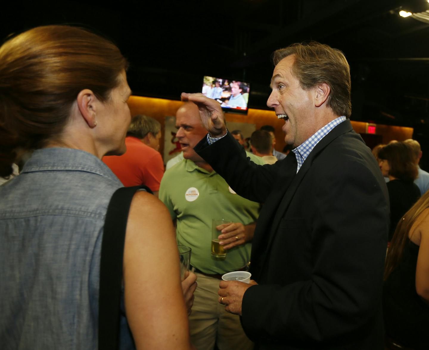 GOP Senate hopeful Mike McFadden greets supporters at victory party at O'Gara's Bar and Grill Tuesday night August 12 , 2014 in St. Paul MN .] Jerry Holt Jerry.holt@startribune.com